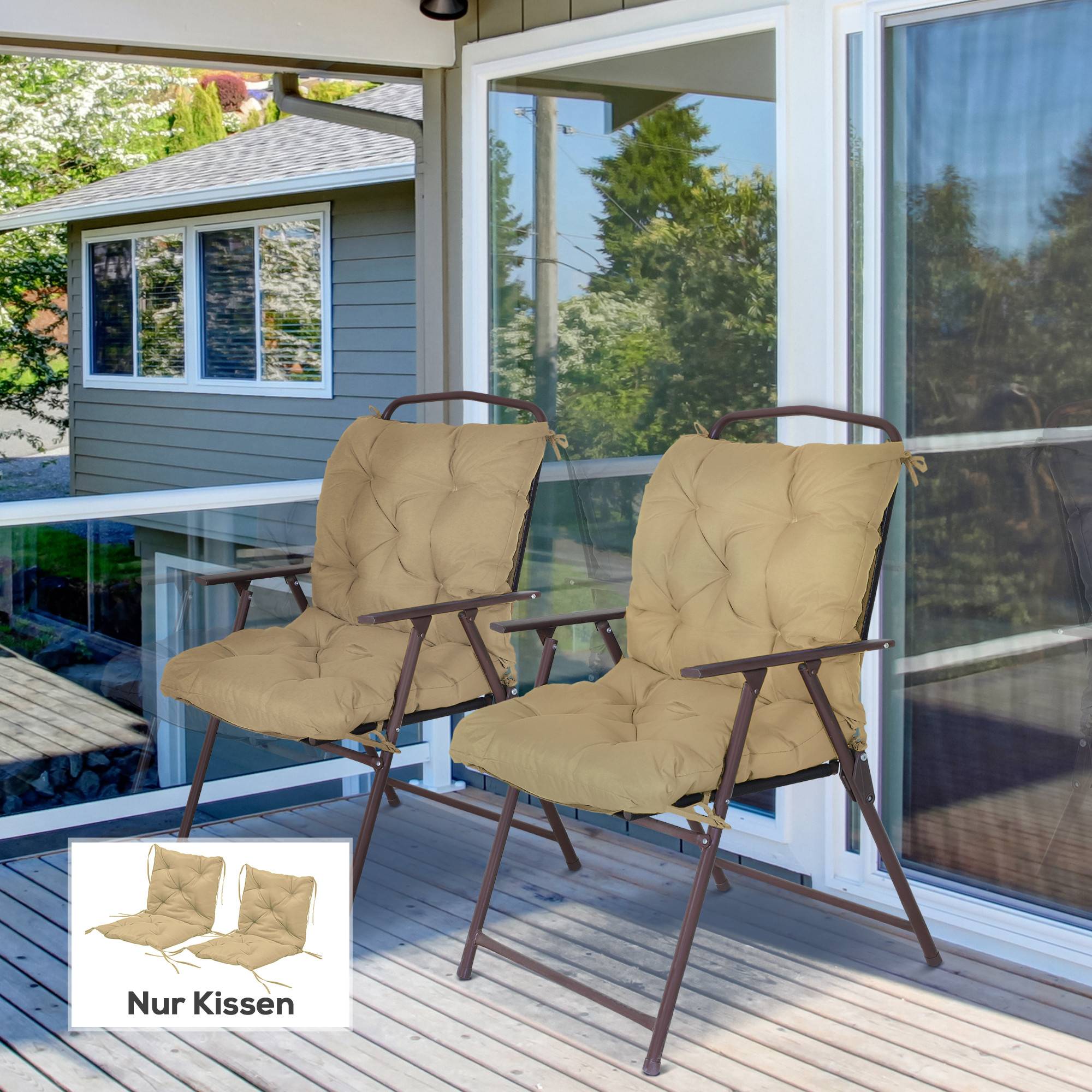 Lot de 2 coussins d'assise, 98 x 50 cm, avec attaches, revêtement en tissu kaki, épaisseur 8 cm. - Image 3