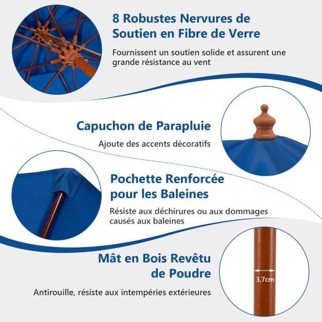 Helloshop26 - Parasol de jardin pliable 2,9 m avec mécanisme de poulie à corde poteau en bois 8 baleines en fibre de verre pour cour bleu - Image 2