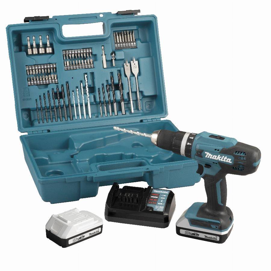 Perceuse visseuse à percussion 18V 42 Nm - MAKITA - 2 batteries 18v 2ah BL1820G + chargeur + 74 pièces - HP488DAEX1 - Image 1
