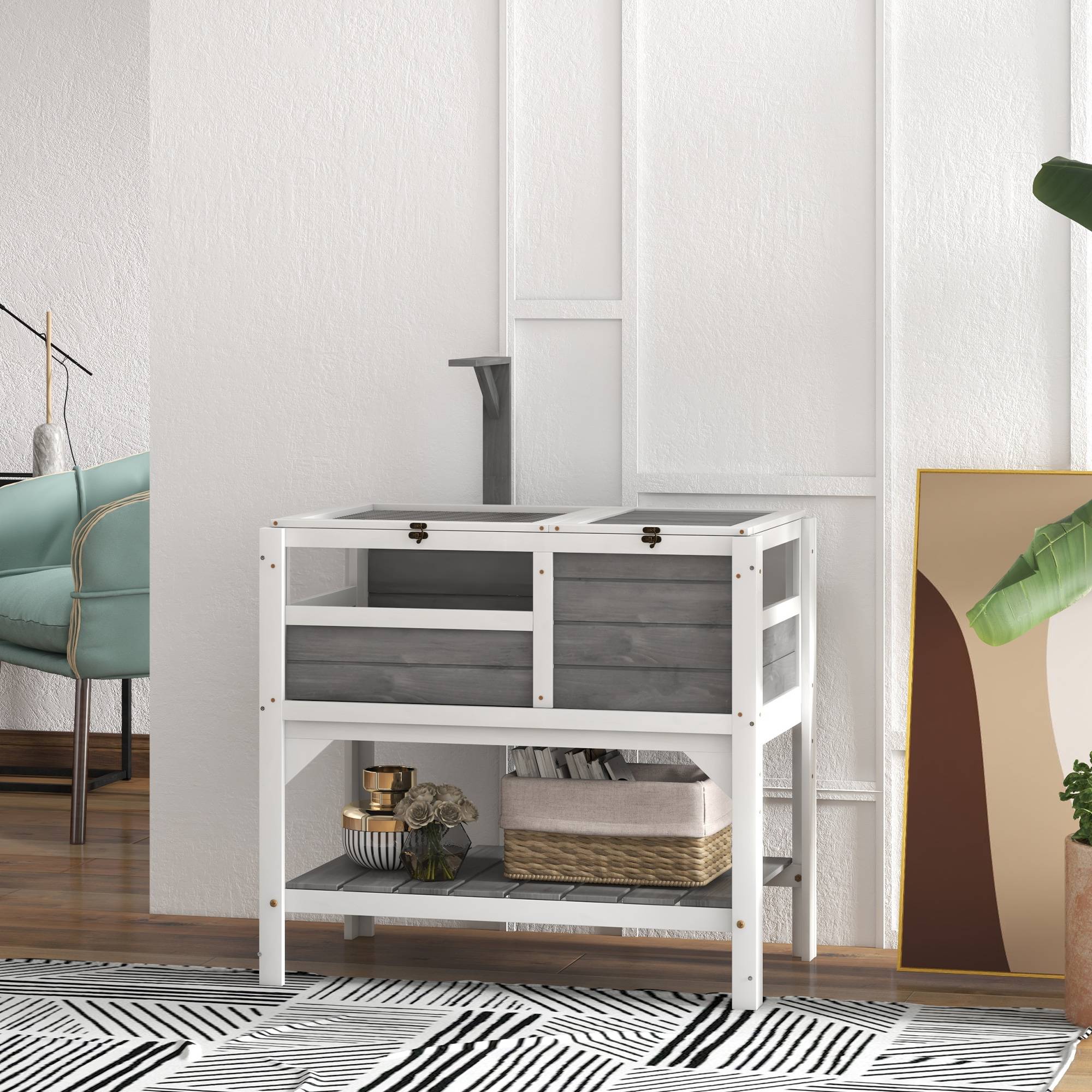 Maison enclos pour tortues sur pieds avec étagère de rangement en bois massif - 84 x 51 x 103 cm - Image 3
