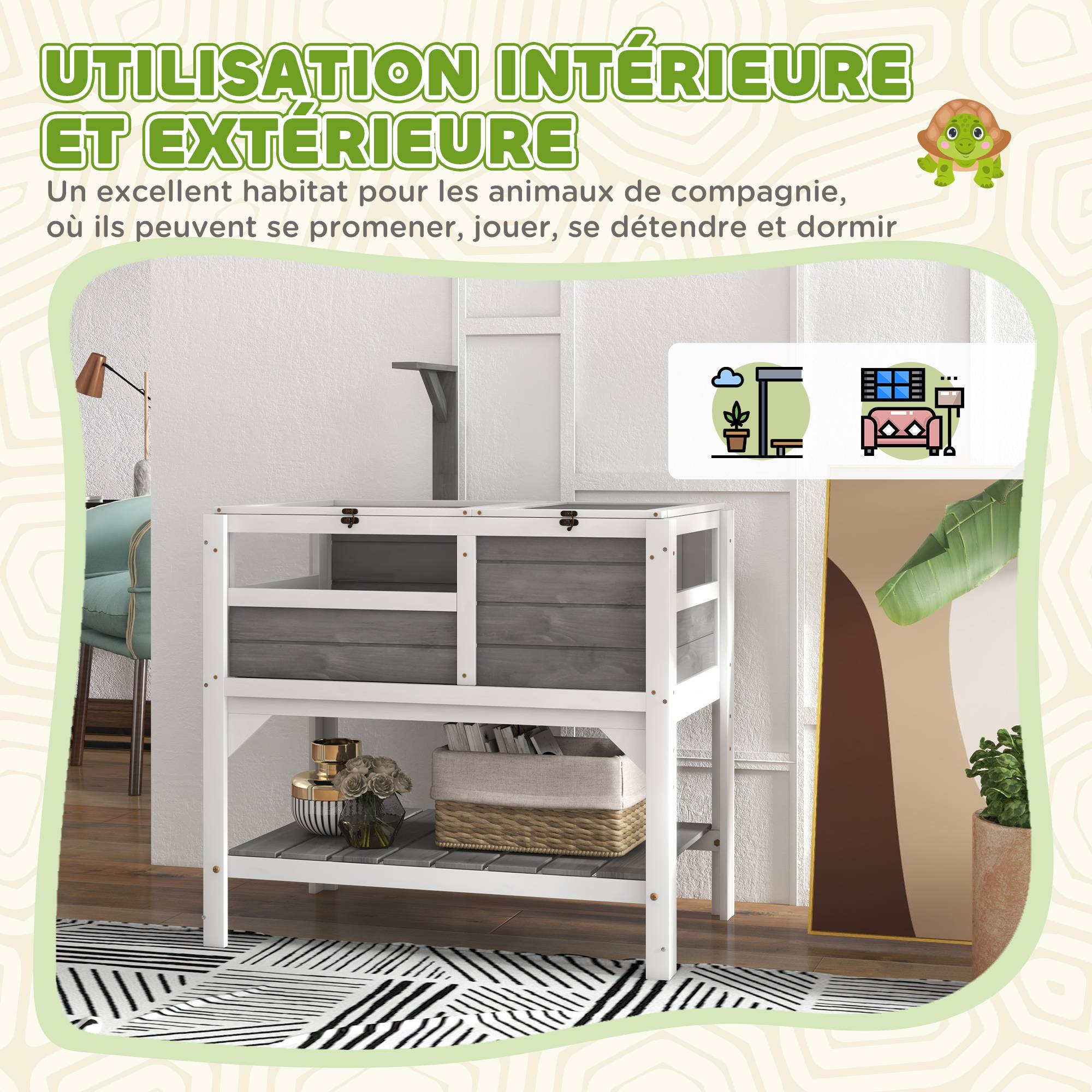 Maison enclos pour tortues sur pieds avec étagère de rangement en bois massif - 84 x 51 x 103 cm - Image 10