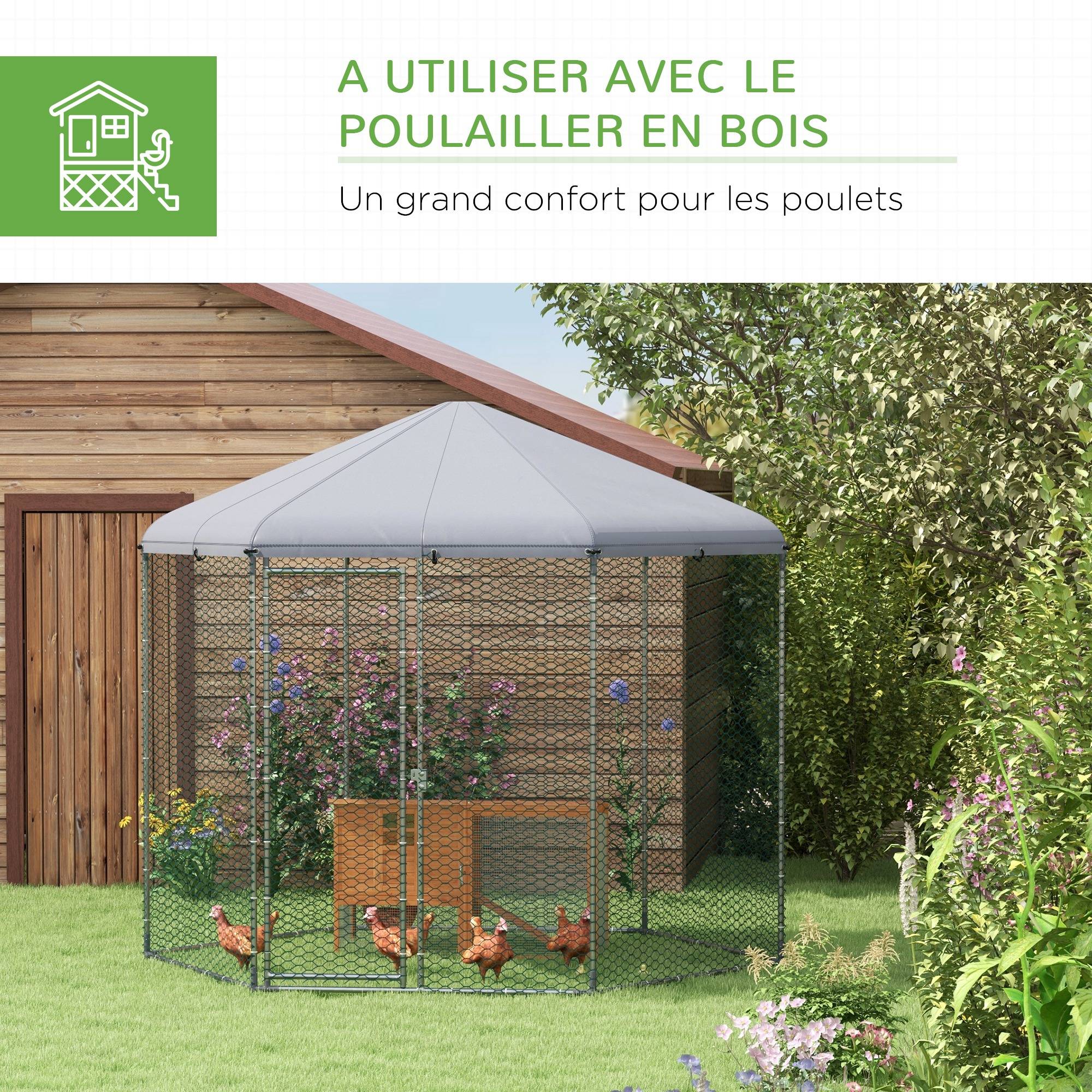 Enclos poulailler extérieur 5 m² parc grillagé dim. 2,8L x 2,45l x 2,46H - espace couvert - 5/8 poules - Image 7