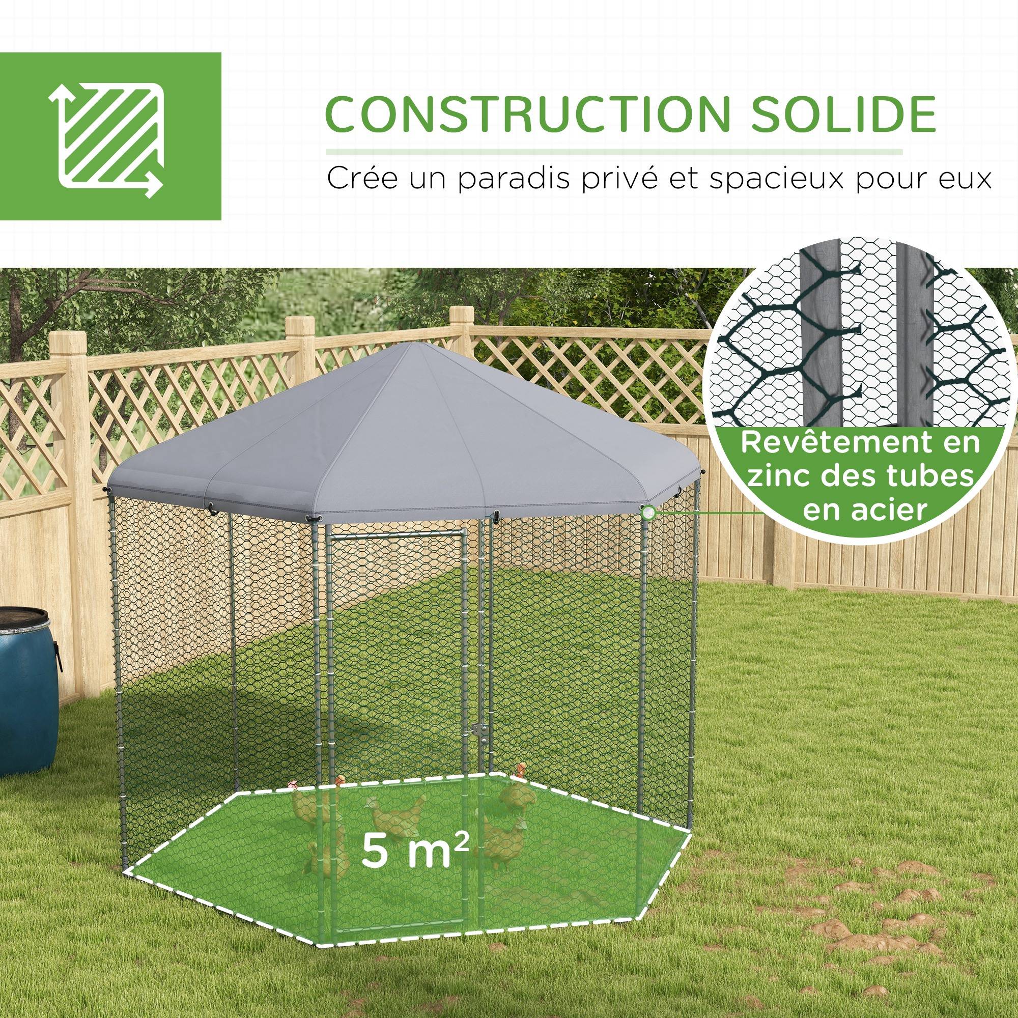 Enclos poulailler extérieur 5 m² parc grillagé dim. 2,8L x 2,45l x 2,46H - espace couvert - 5/8 poules - Image 8
