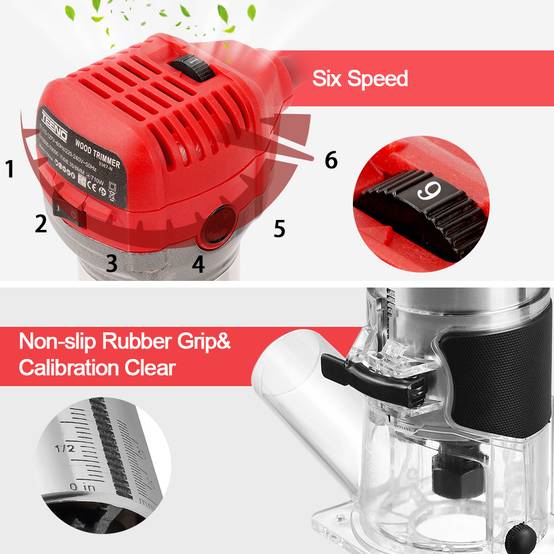 Affleureuse Électrique 710W 13000-33000 RPM Avec Housse anti Poussière, Affleureuse à Bois Avec 15 Fraises Queue de 1/4", 6 Vitesses Variables, Base - Image 3