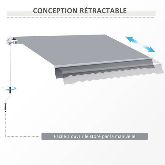 Store Banne Manuel Rétractable 395 x 245 cm avec Manivelle, Angle 45°–85°, Aluminium et Polyester 280 g/m², Protection UV, Gris - Image 7
