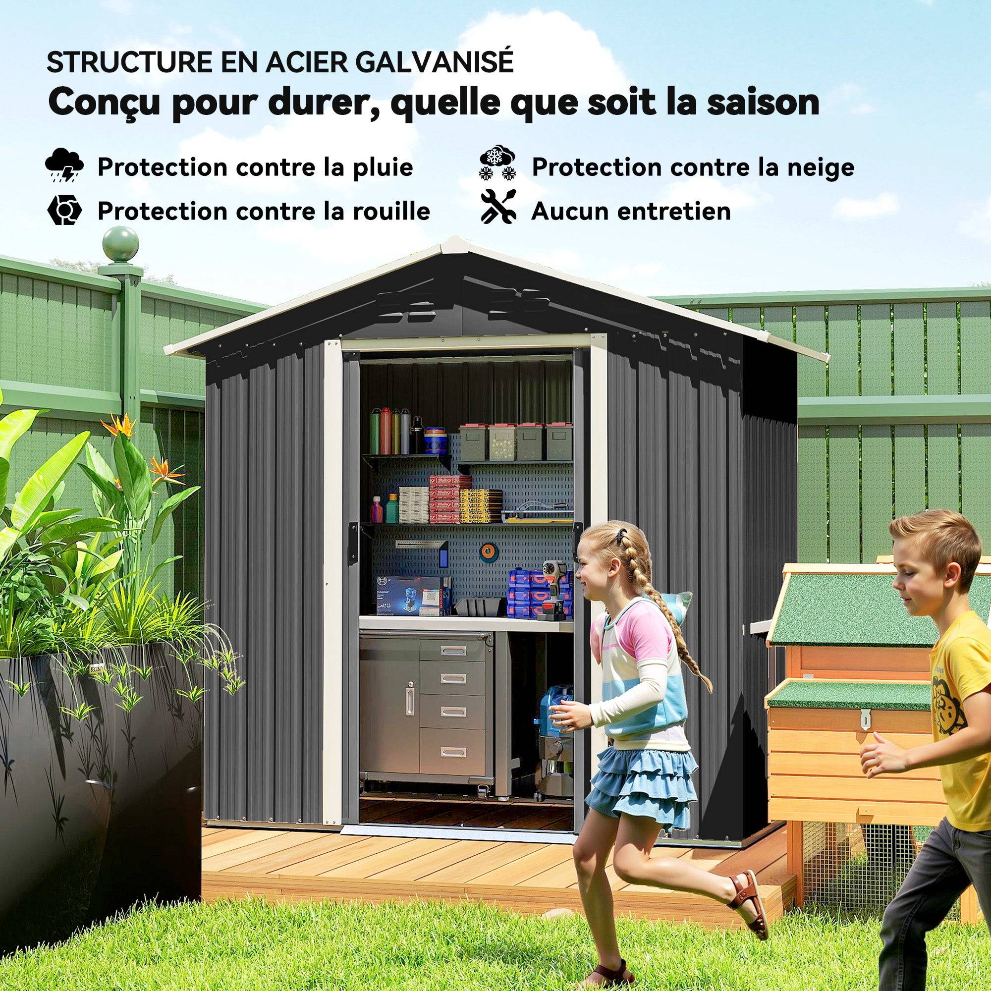 Helloshop26 - Abri de jardin rangement extérieur 194 x 107 x 191 cm double porte coulissante ventilé moderne design en acier gris foncé - Image 3
