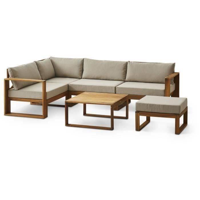 Salon d’angle d’extérieur modulaire Levata pour 6, acacia FSC, table convertible en ottoman, coussins gris lin - BOCARNEA - Image 1