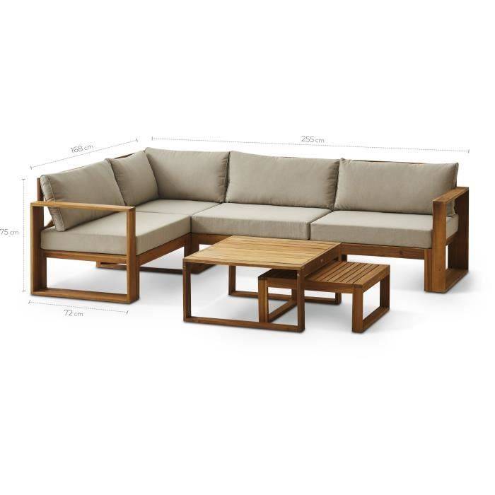 Salon d’angle d’extérieur modulaire Levata pour 6, acacia FSC, table convertible en ottoman, coussins gris lin - BOCARNEA - Image 9