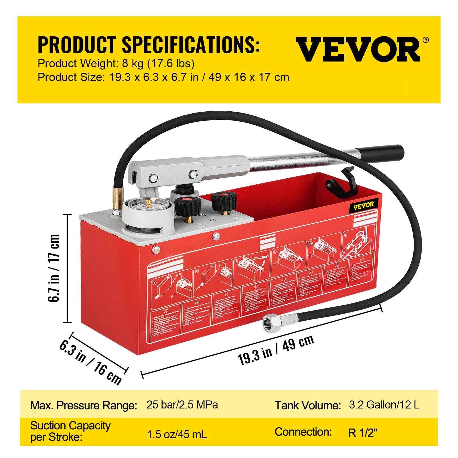 VEVOR Pompe essai pression 25 bars, manuelle 12L, double clapet précis, testeur fuite hydraulique, pour plomberie. - Image 7