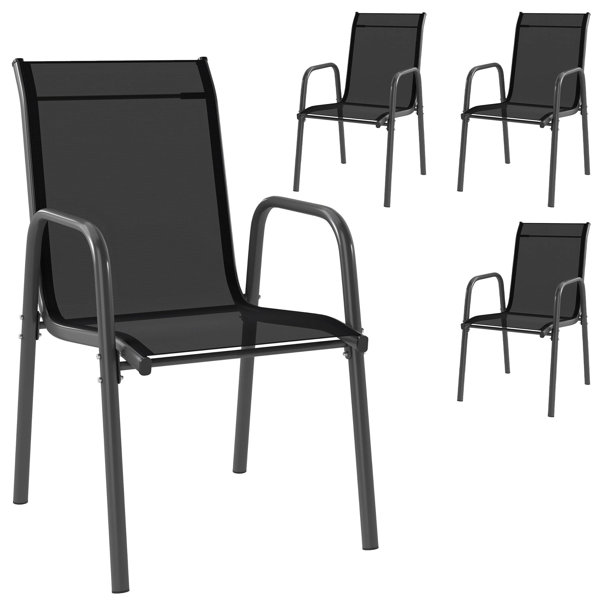 Outsunny - Lot de 4 Chaises de Jardin Extérieures Empilables - Accoudoirs et Dossier Haut - Cadre en Métal - 51x69x87cm - Noir - Outsunny