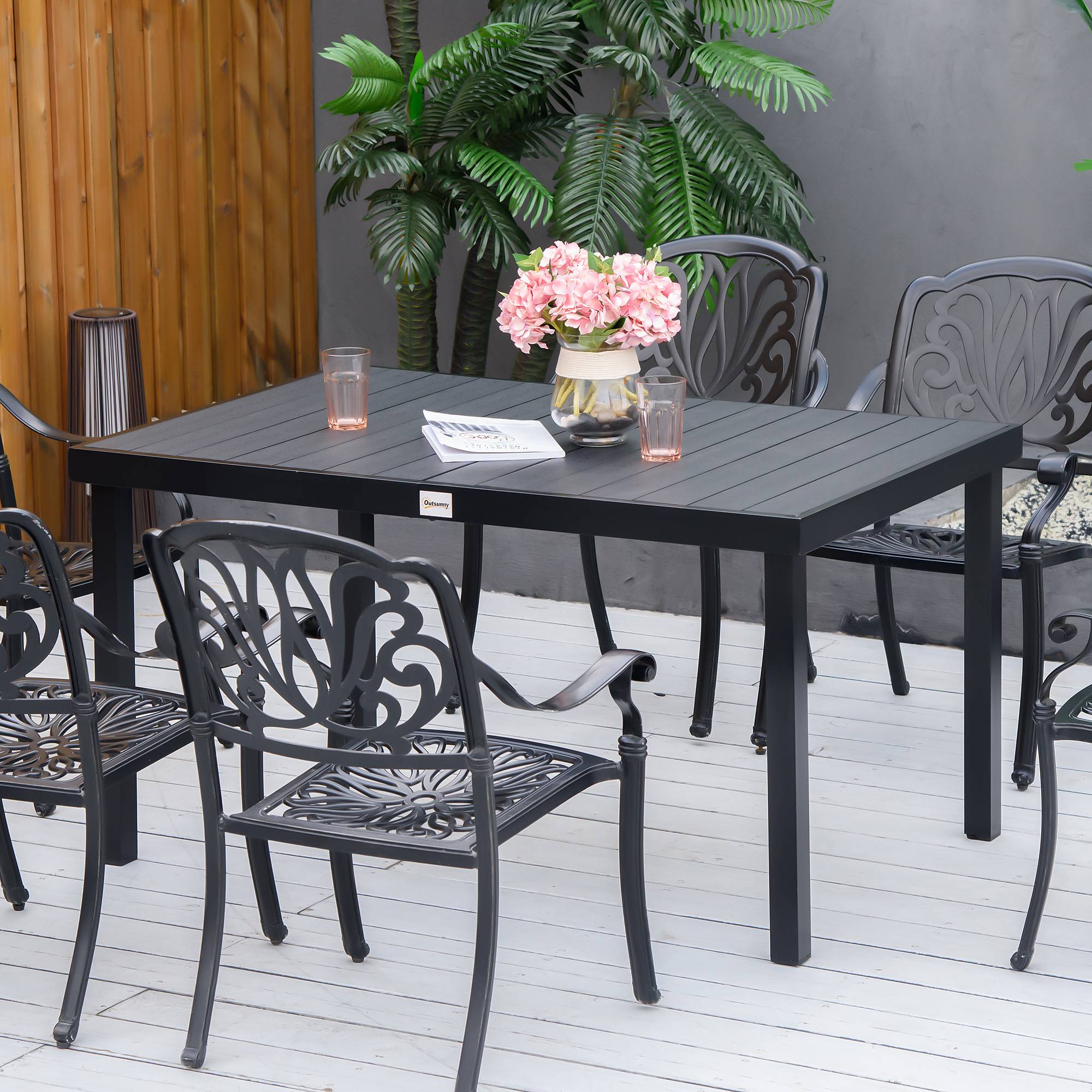 Table de jardin rectangulaire pour 6 personnes, table à manger extérieure 140x90x74 cm, plateau lattes, structure aluminium noir - Image 4