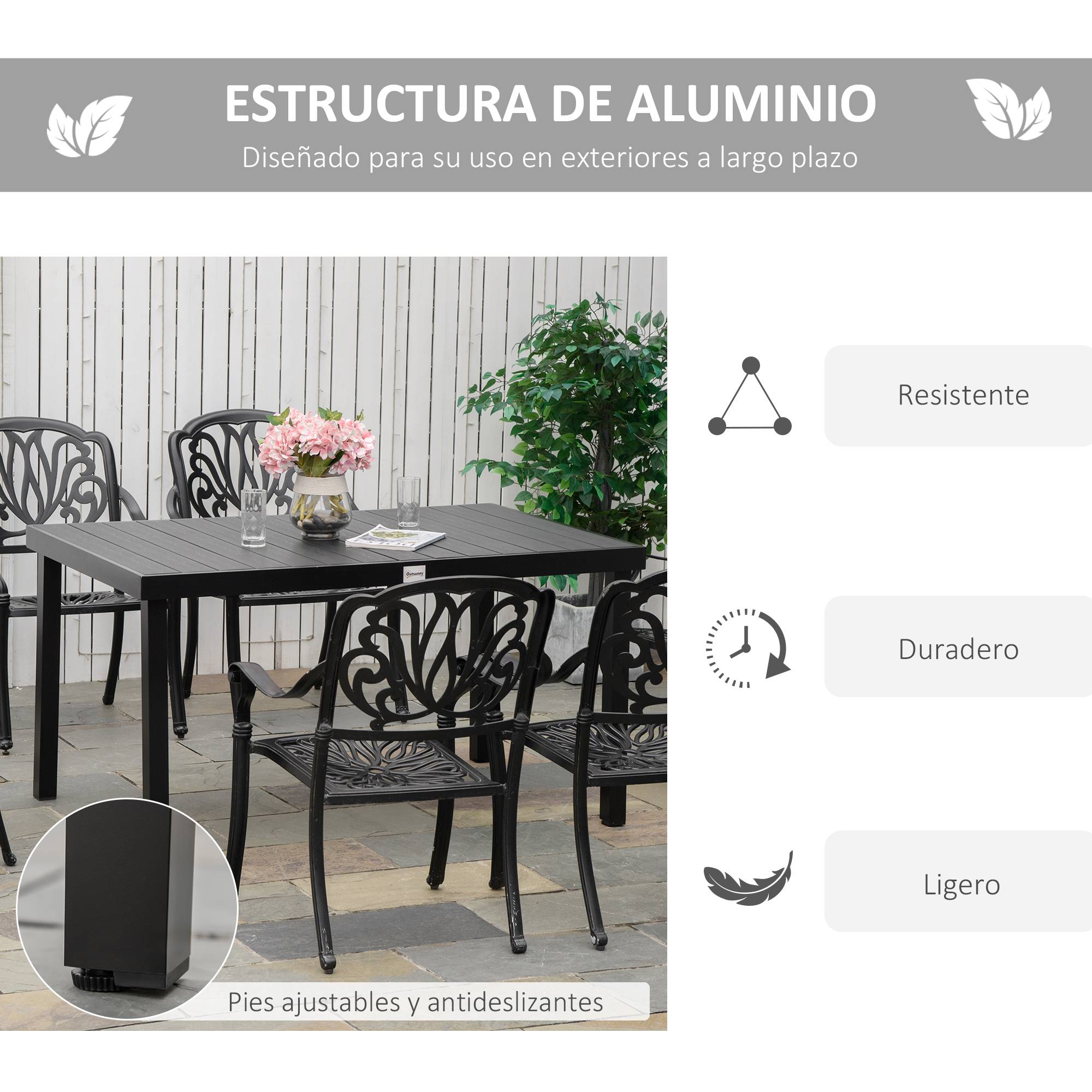 Table de jardin rectangulaire pour 6 personnes, table à manger extérieure 140x90x74 cm, plateau lattes, structure aluminium noir - Image 6