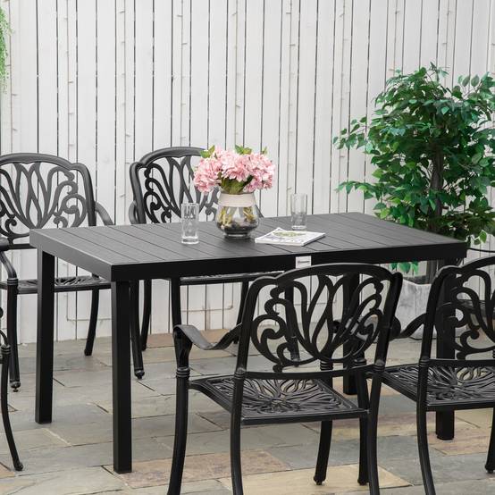 Table de jardin rectangulaire pour 6 personnes, table à manger extérieure 140x90x74 cm, plateau lattes, structure aluminium noir - Image 3