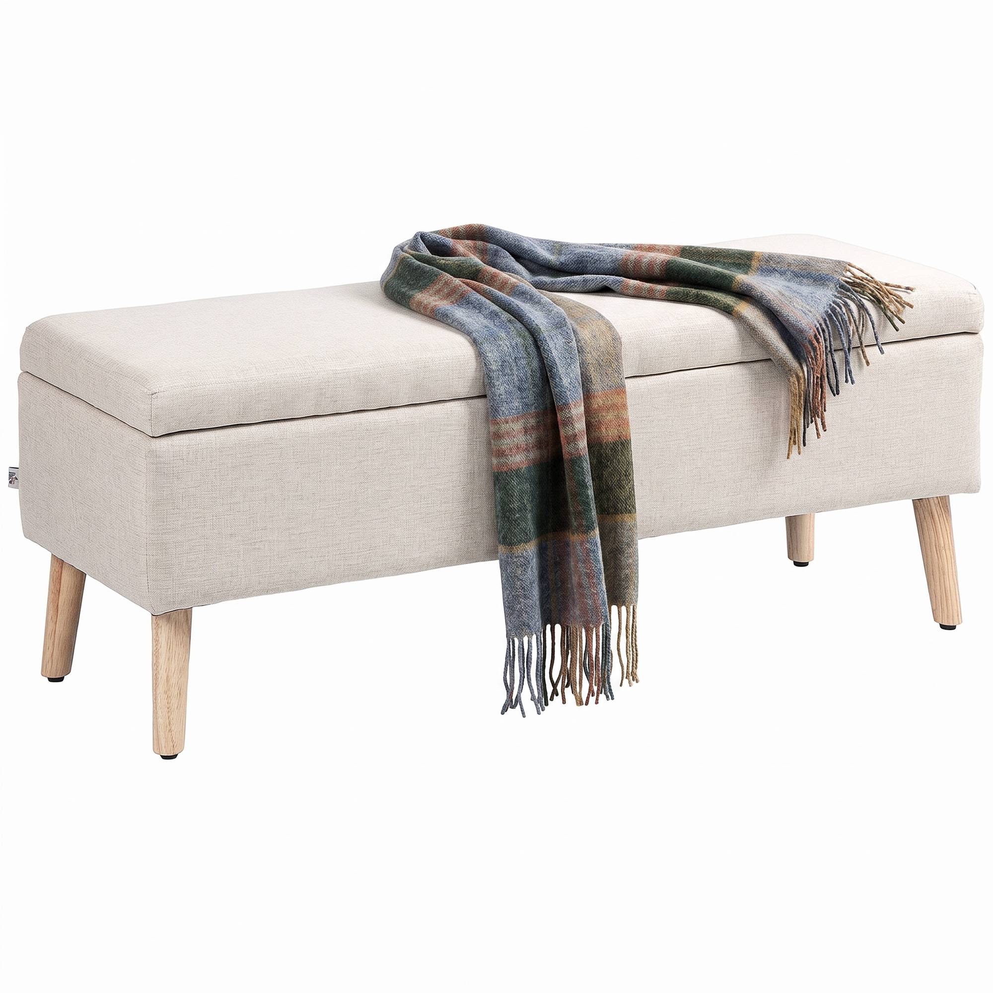 Banc coffre rangement rembourré aspect lin pour chambre à coucher, entrée, salon, charge 220 Kg, 110 x 39 x 45 cm, beige - Image 1