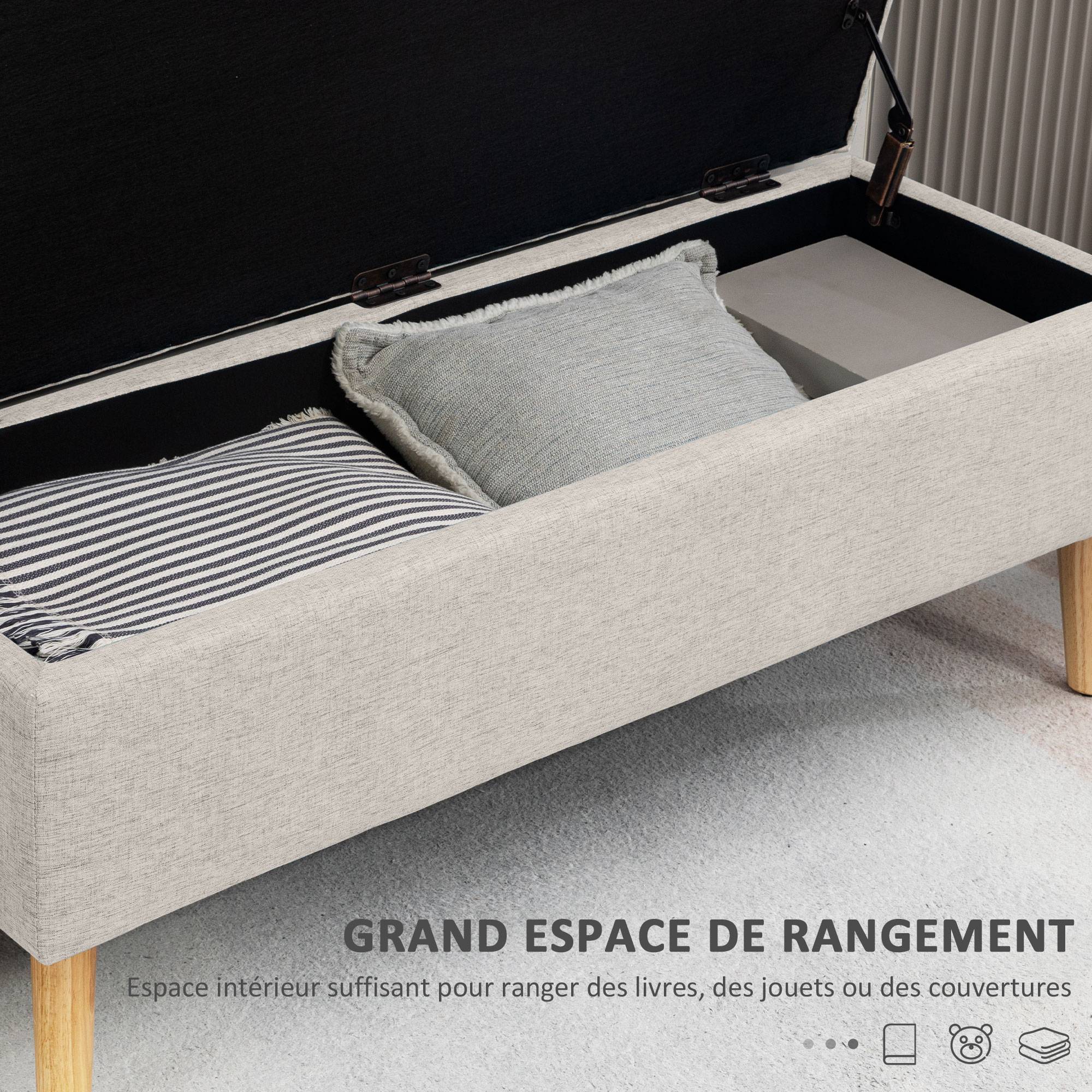 Banc coffre rangement rembourré aspect lin pour chambre à coucher, entrée, salon, charge 220 Kg, 110 x 39 x 45 cm, beige - Image 6