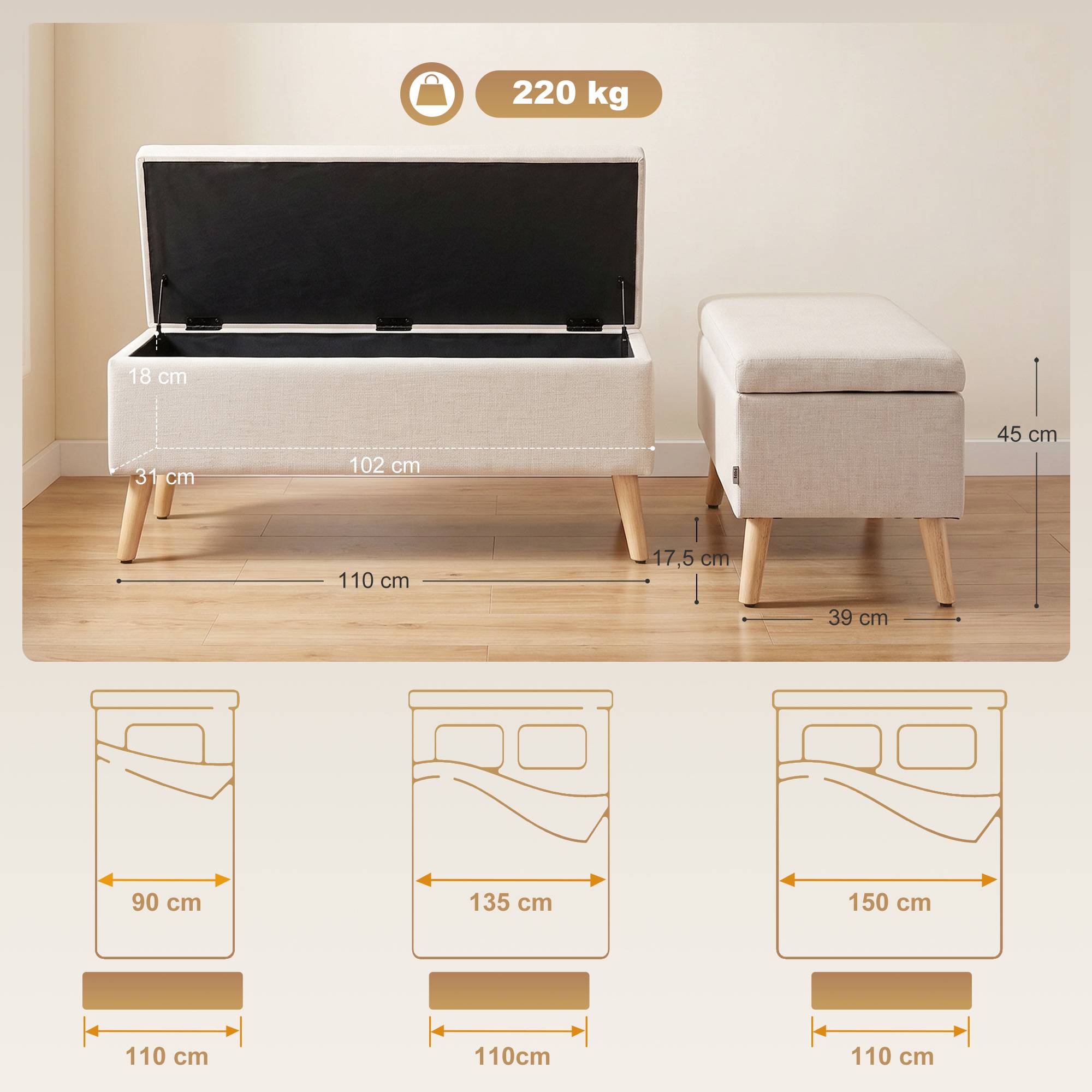 Banc coffre rangement rembourré aspect lin pour chambre à coucher, entrée, salon, charge 220 Kg, 110 x 39 x 45 cm, beige - Image 5