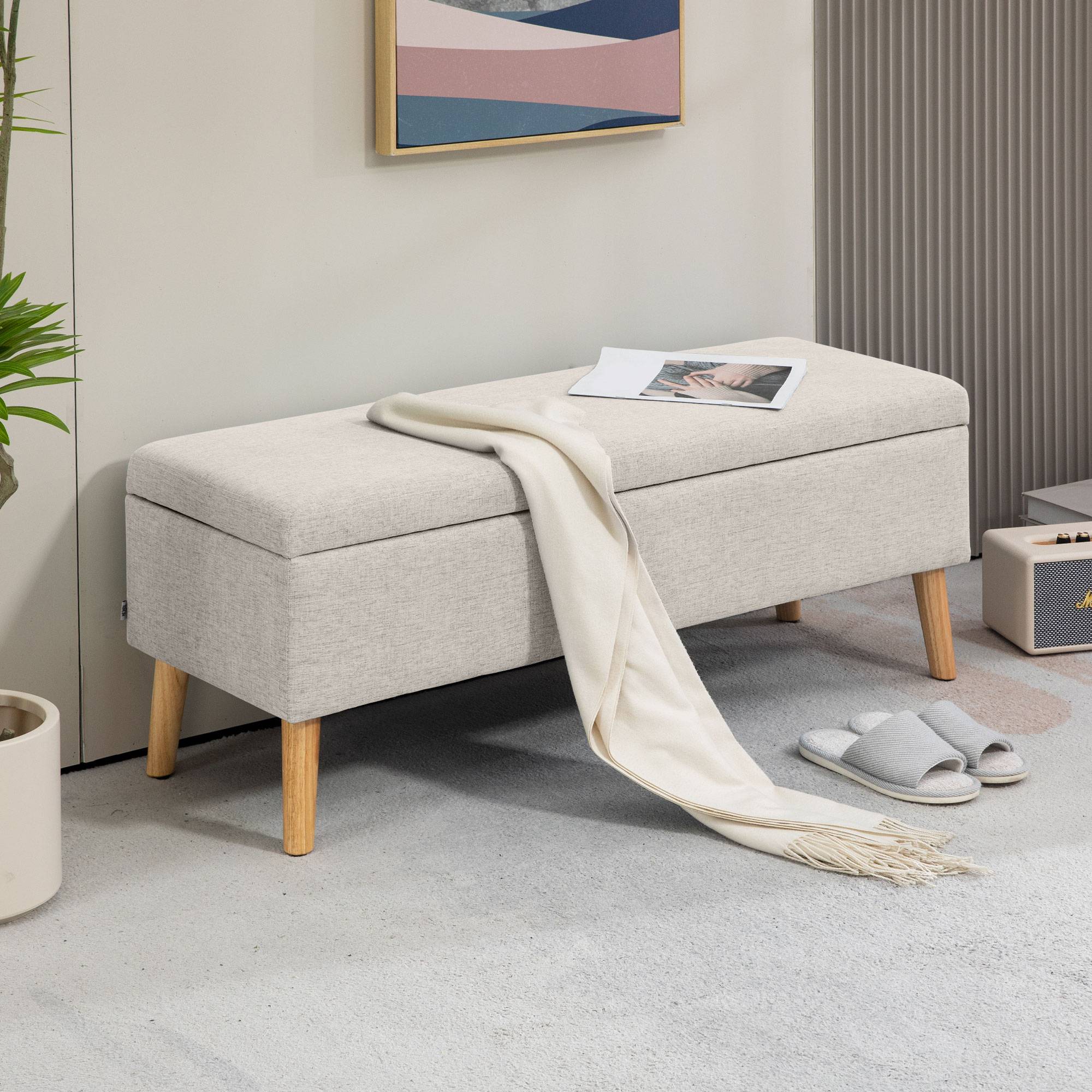 Banc coffre rangement rembourré aspect lin pour chambre à coucher, entrée, salon, charge 220 Kg, 110 x 39 x 45 cm, beige - Image 4