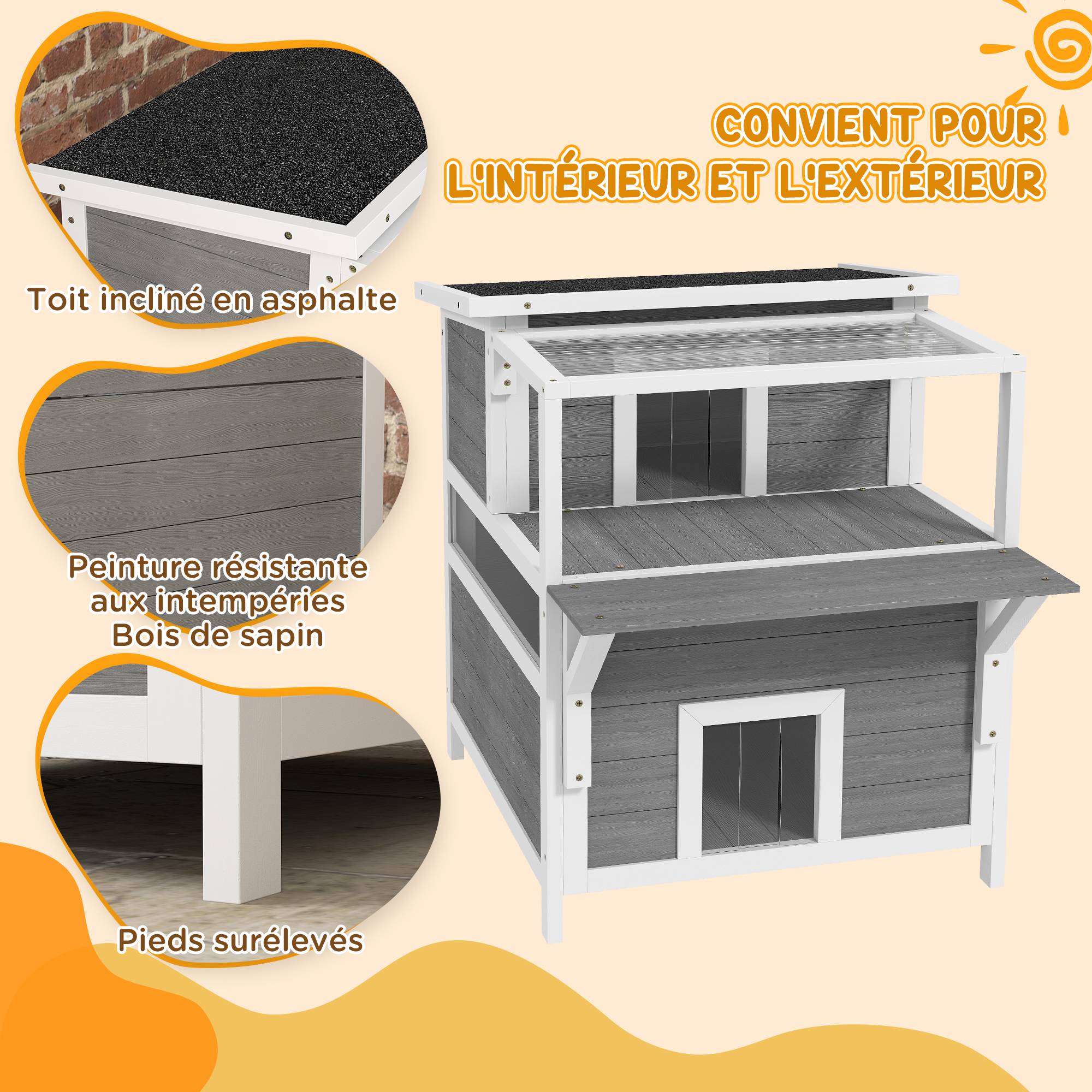 Maison pour chats 2 niveaux avec balcon abrité, toit ouvrable, extérieur, intérieur, gris clair - Image 6