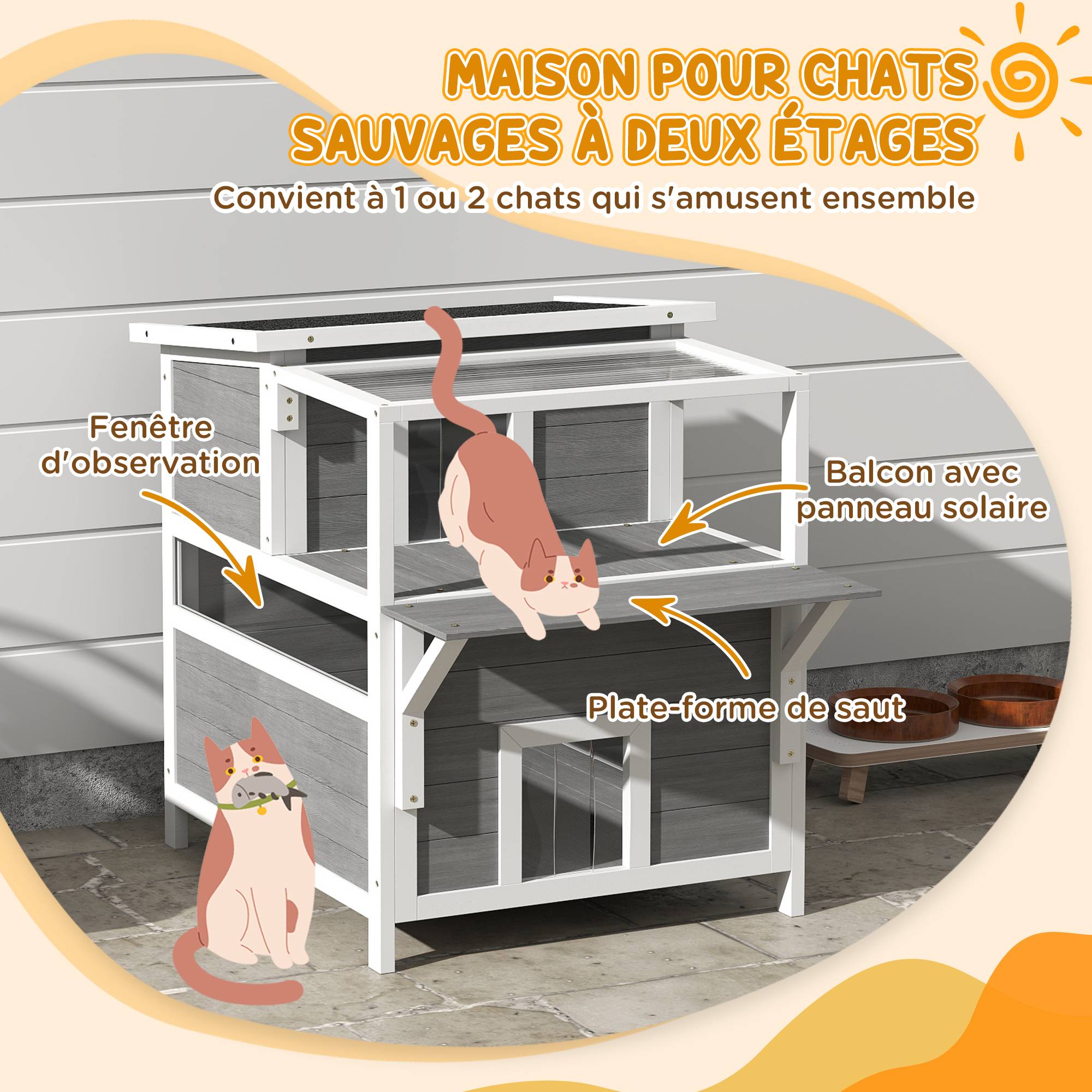 Maison pour chats 2 niveaux avec balcon abrité, toit ouvrable, extérieur, intérieur, gris clair - Image 7