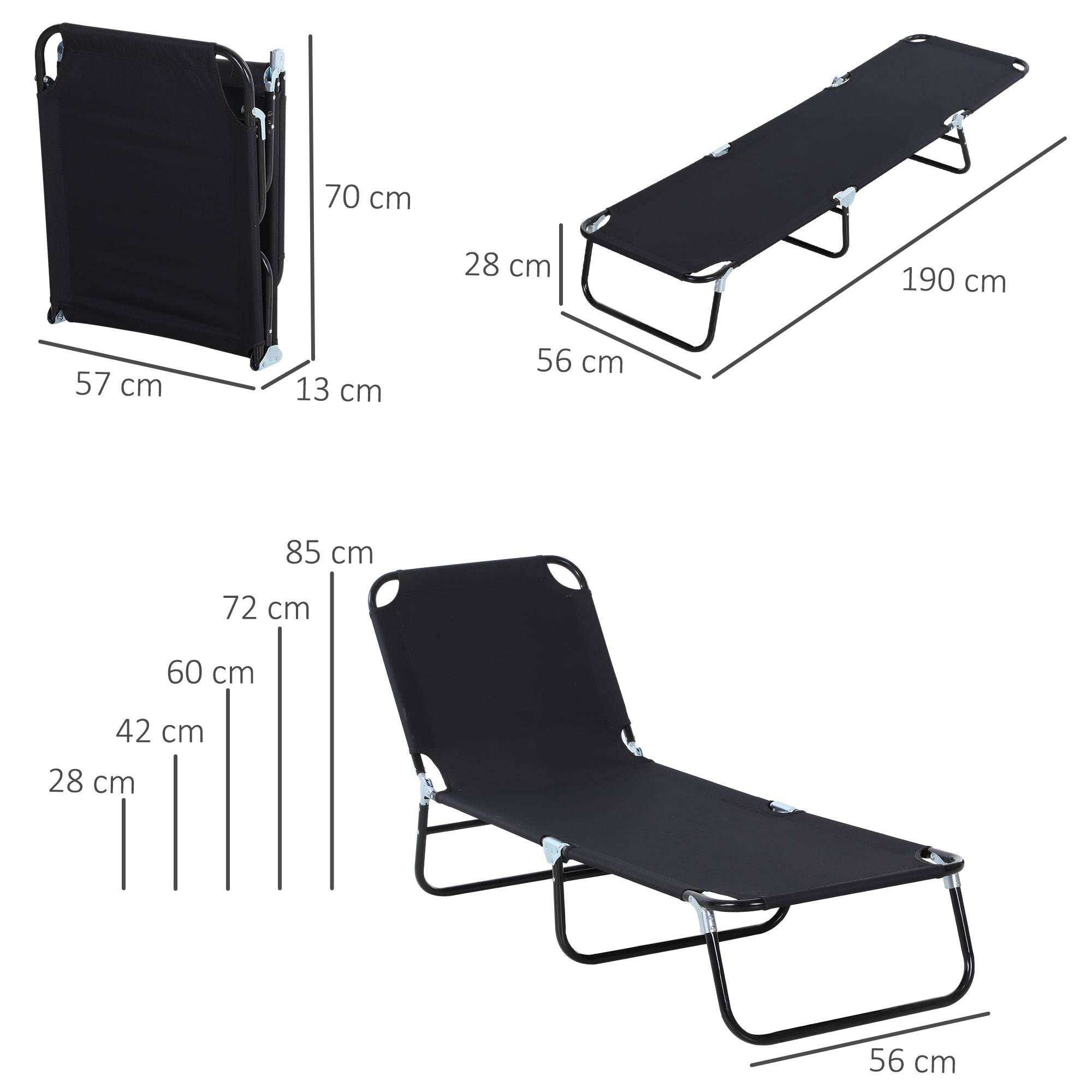Chaise longue jardin pliante dossier réglable acier tissu Oxford 188x56x28 cm noire - Image 5