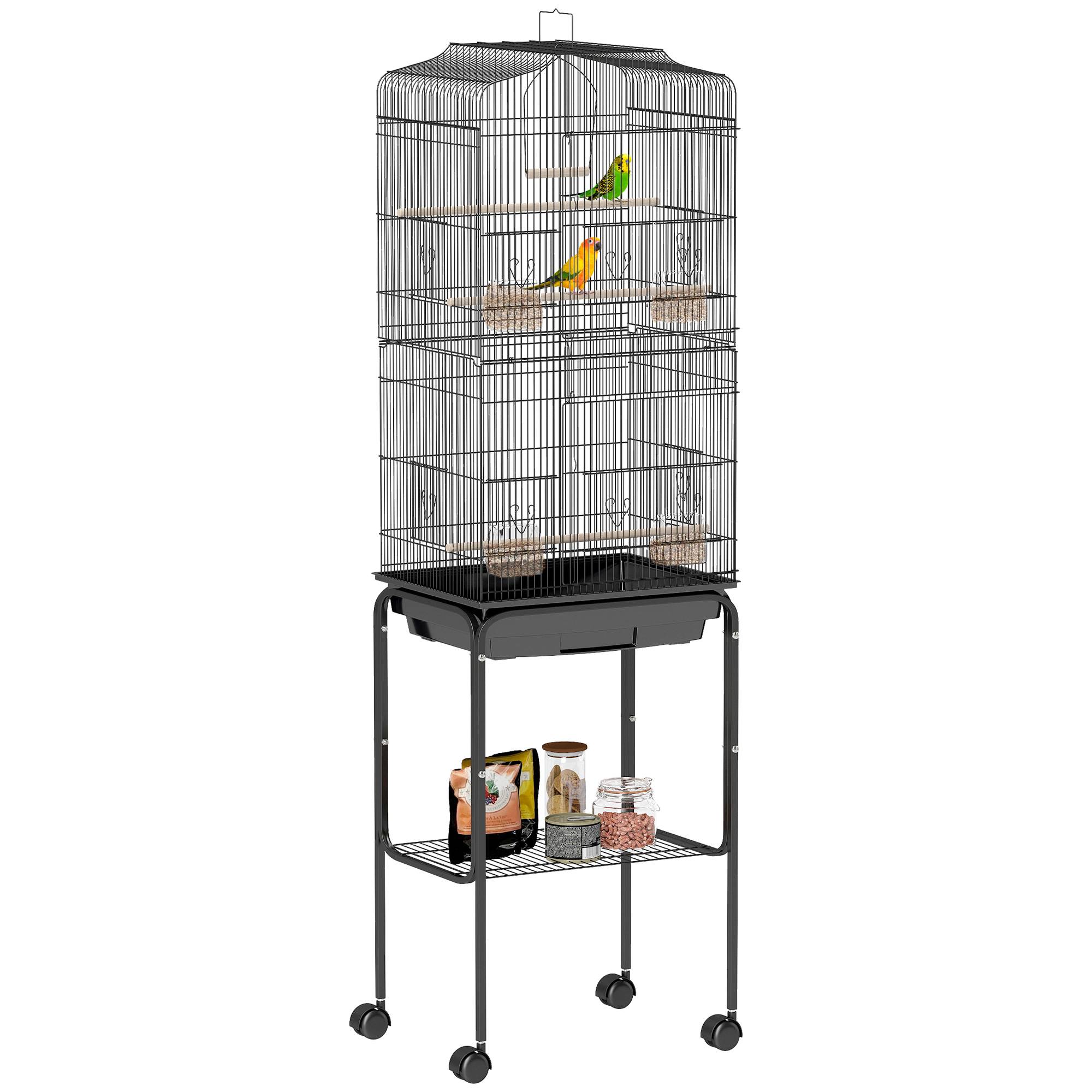 Sans Marque - Cage à oiseaux sur pied volière oiseaux sur roulettes toit ouvrant 3 perchoirs étagère inférieure 46,5x36x157cm noir - Image 1