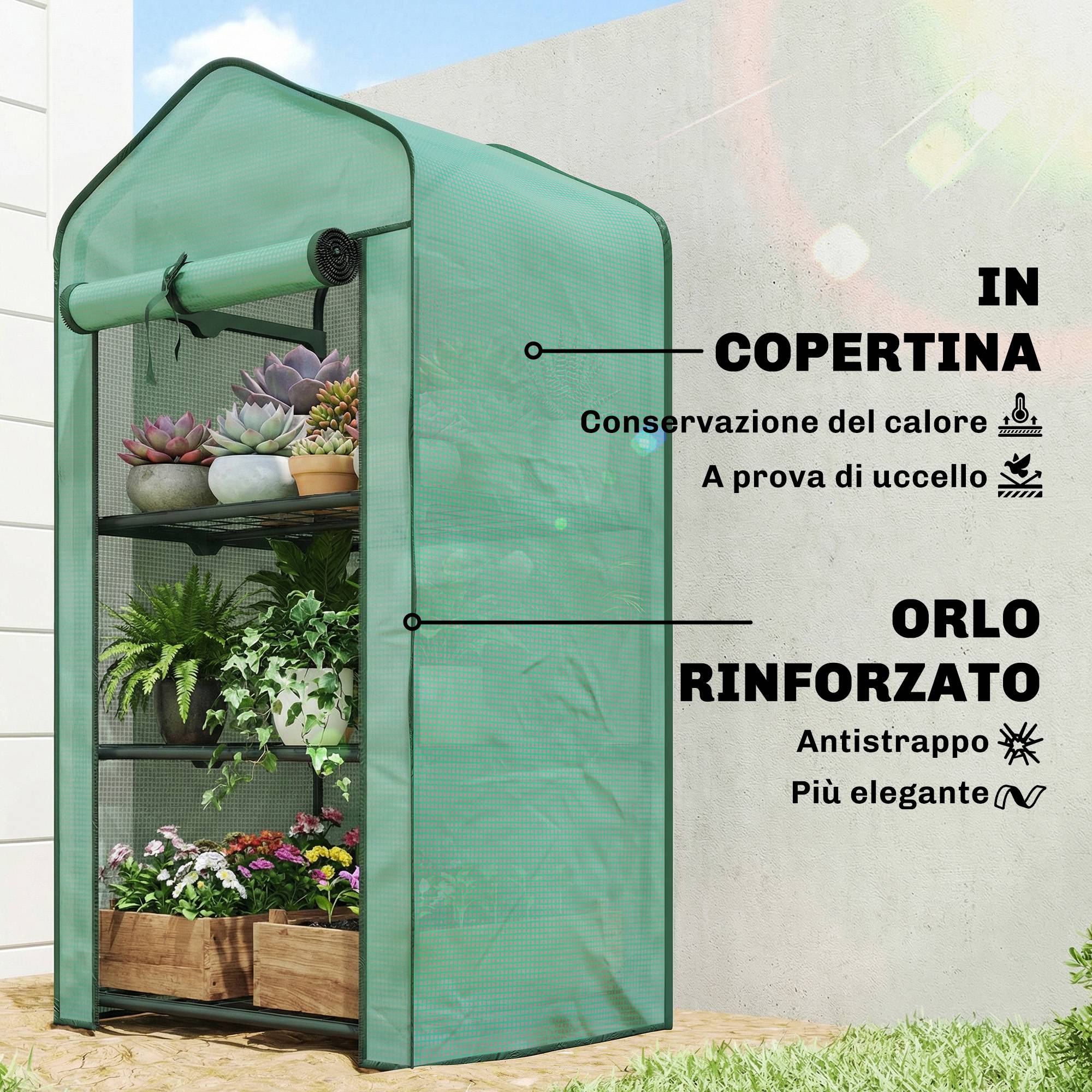 Mini serre jardin couverture PE, 3 étagères et porte enroulable, 59x39x127 cm, verte - Image 6