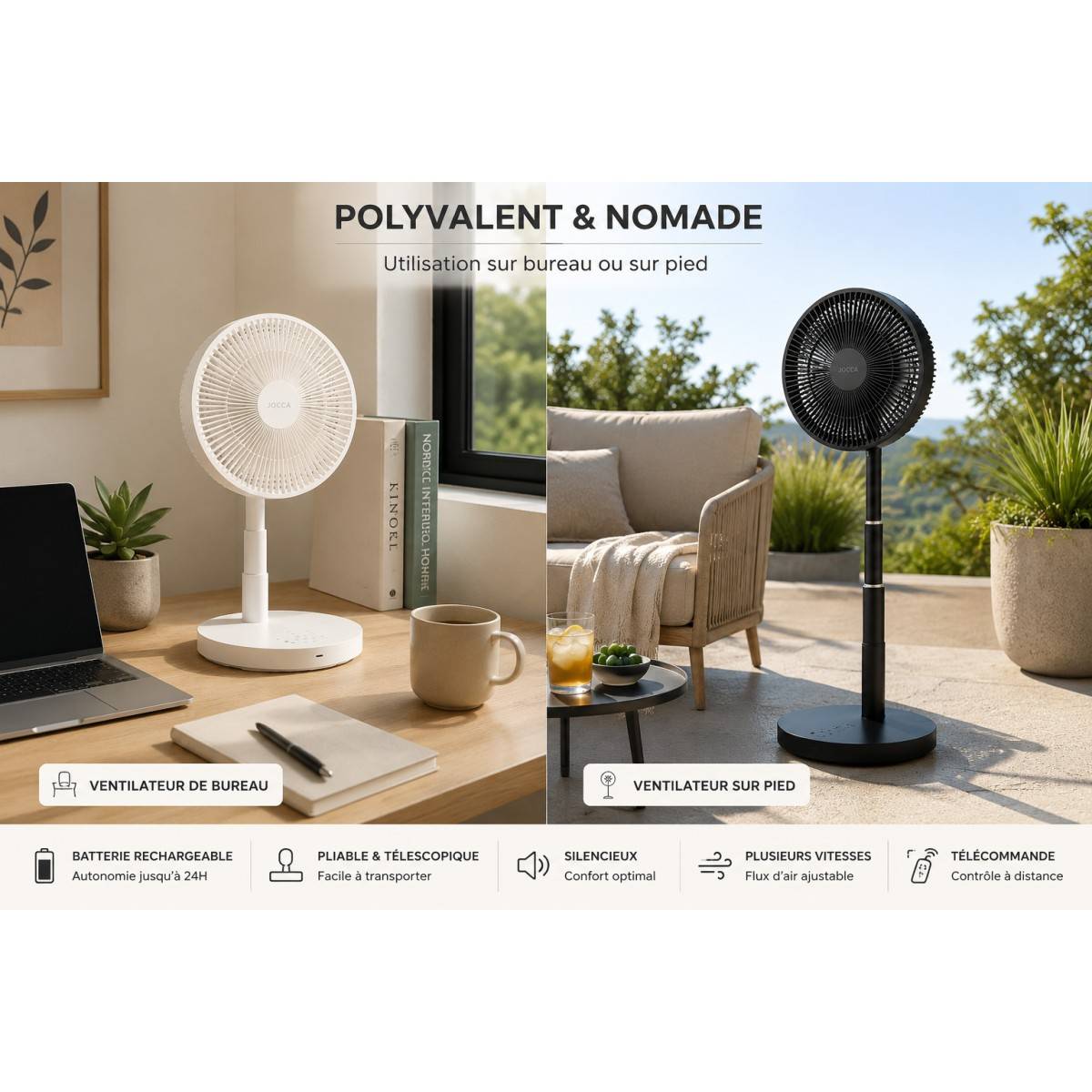 Ventilateur à Batterie Sans fil Silencieux USB NOIR  Pied Pliable & Télescopique Télécommande Autonomie 24h Jocca - Image 2