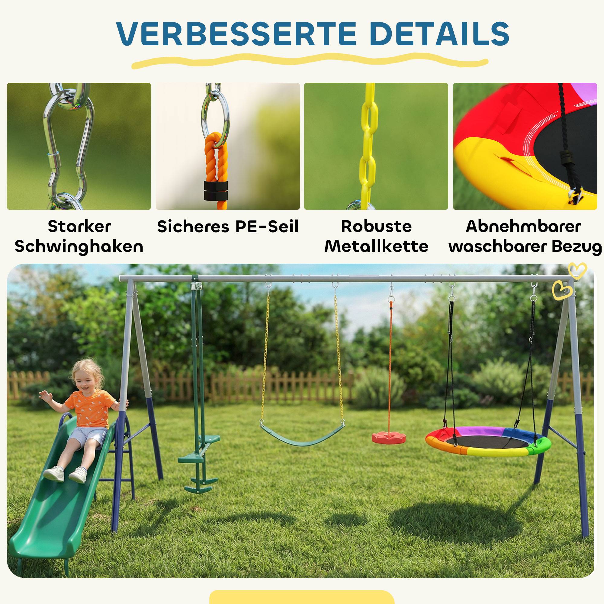 Portique 5-en-1 avec toboggan et balançoire nid, hauteur ajustable, 382×196×203 cm, multicolore, grande aire de jeu - Image 8