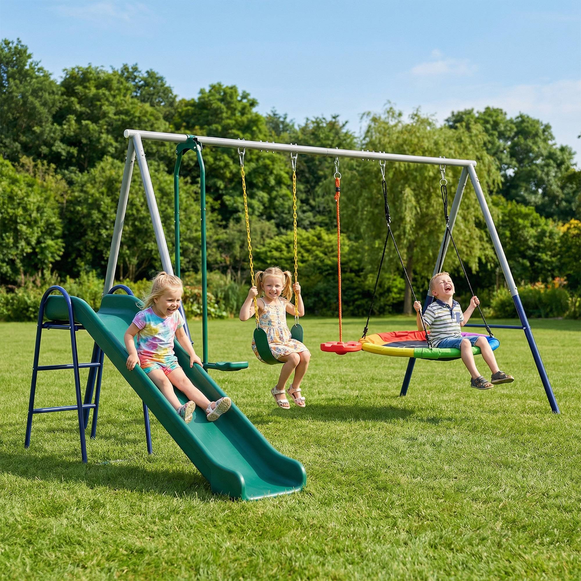 Portique 5-en-1 avec toboggan et balançoire nid, hauteur ajustable, 382×196×203 cm, multicolore, grande aire de jeu - Image 2
