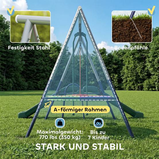 Portique 5-en-1 avec toboggan et balançoire nid, hauteur ajustable, 382×196×203 cm, multicolore, grande aire de jeu - Image 5