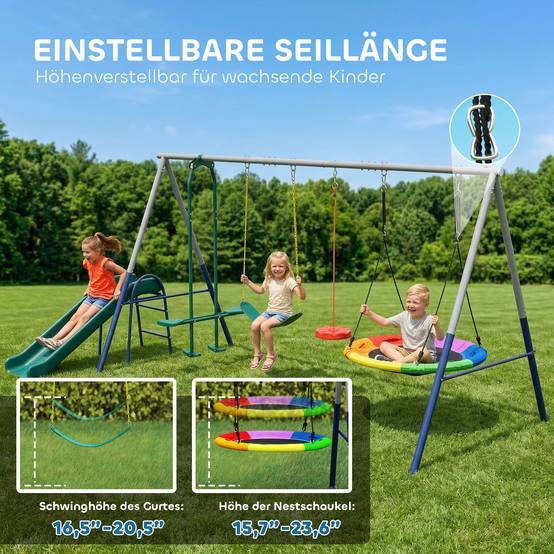 Portique 5-en-1 avec toboggan et balançoire nid, hauteur ajustable, 382×196×203 cm, multicolore, grande aire de jeu - Image 6