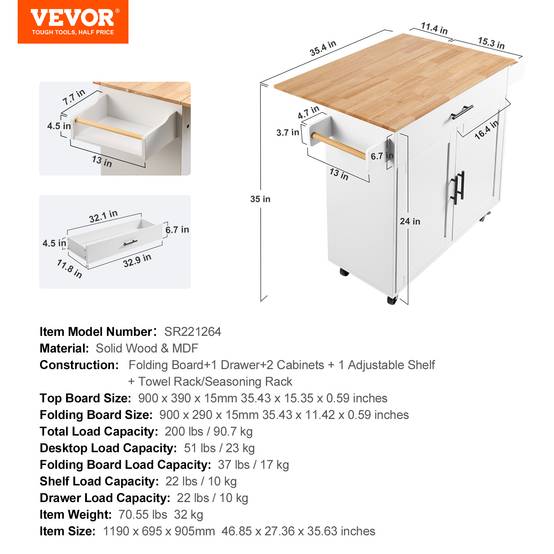 Vevor - VEVOR Îlot central 90x39 cm, roulettes, armoire, tiroir. Plan travail bois abattant, portes-épices. - Image 7