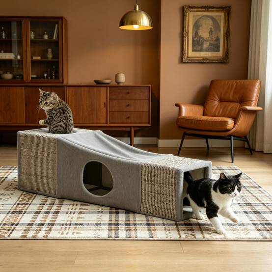 ComfortXL - Tunnel pour chat sisal et peluche 98 x 30 x 30 cm gris multi-entrées niches de repos et balle suspendue - Image 2