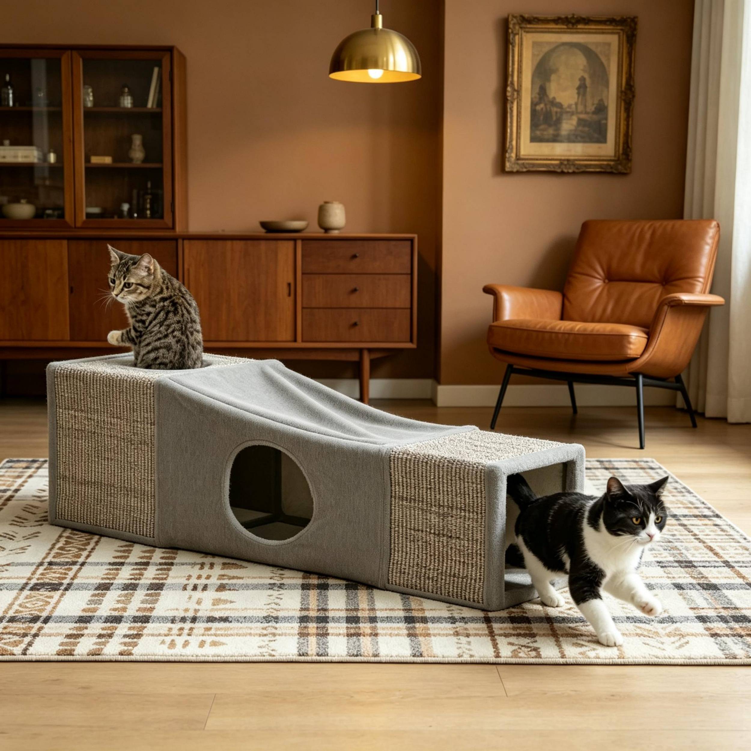 ComfortXL - Tunnel pour chat sisal et peluche 98 x 30 x 30 cm gris multi-entrées niches de repos et balle suspendue - Image 2