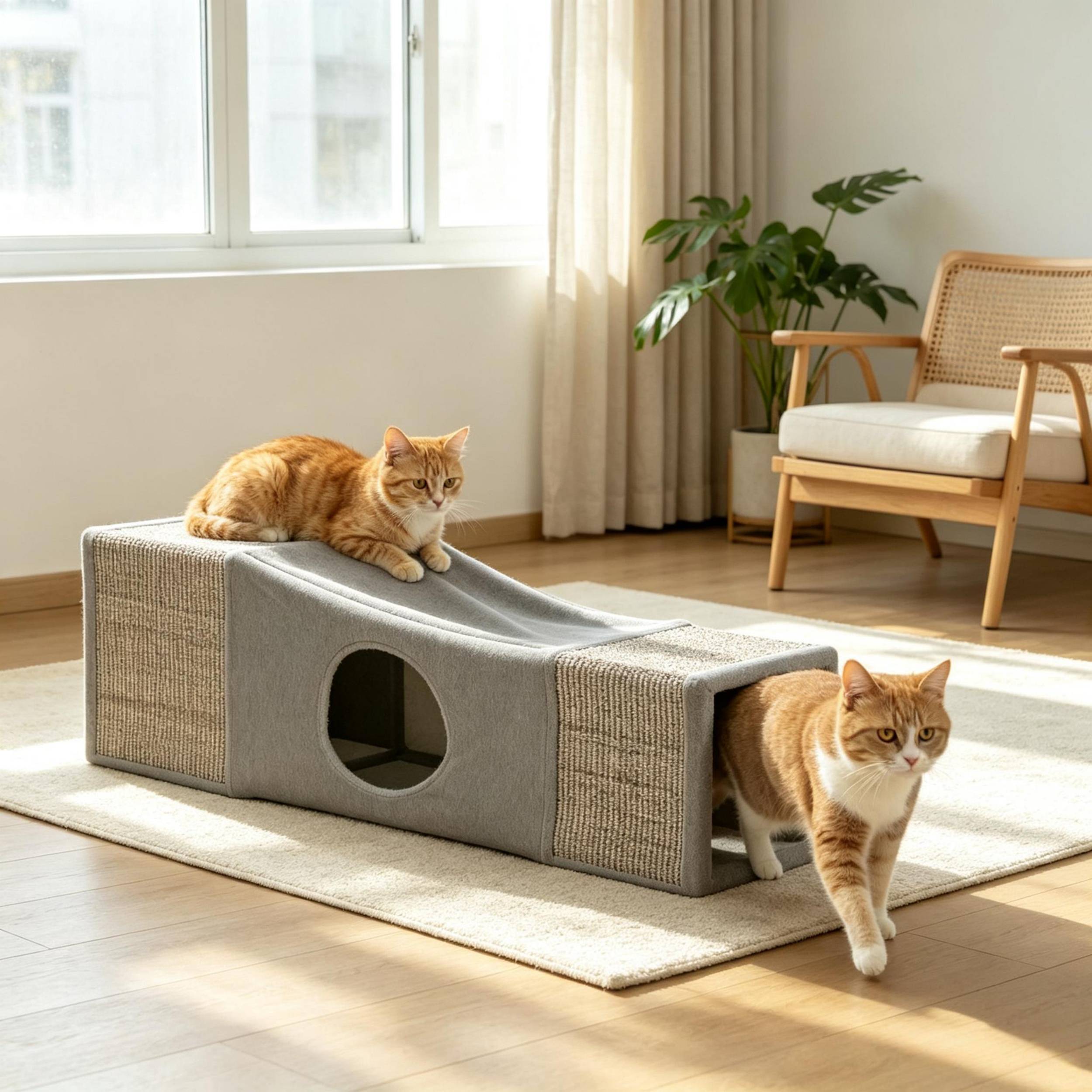ComfortXL - Tunnel pour chat sisal et peluche 98 x 30 x 30 cm gris multi-entrées niches de repos et balle suspendue - Image 3