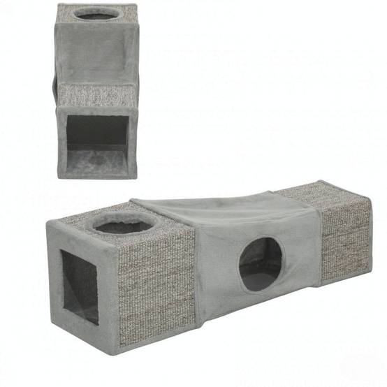 ComfortXL - Tunnel pour chat sisal et peluche 98 x 30 x 30 cm gris multi-entrées niches de repos et balle suspendue - Image 4