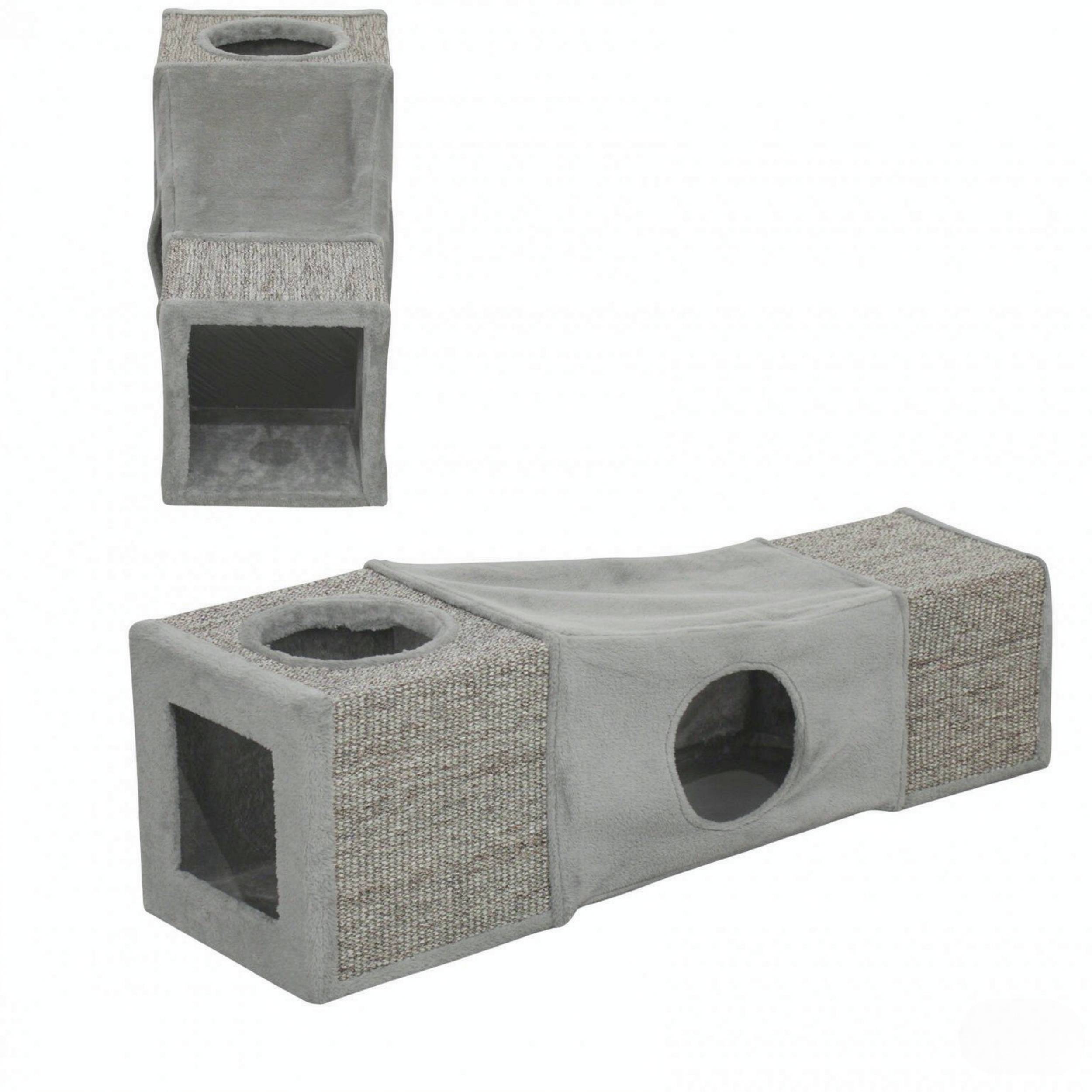ComfortXL - Tunnel pour chat sisal et peluche 98 x 30 x 30 cm gris multi-entrées niches de repos et balle suspendue - Image 4