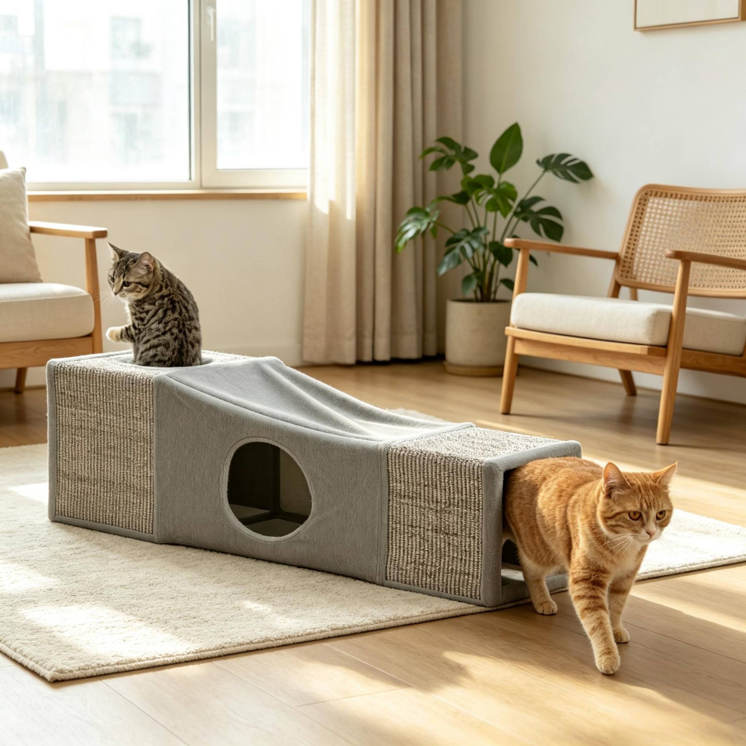 ComfortXL - Tunnel pour chat sisal et peluche 98 x 30 x 30 cm gris multi-entrées niches de repos et balle suspendue - Image 1