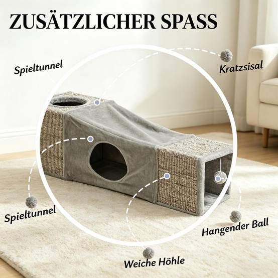ComfortXL - Tunnel pour chat sisal et peluche 98 x 30 x 30 cm gris multi-entrées niches de repos et balle suspendue - Image 6