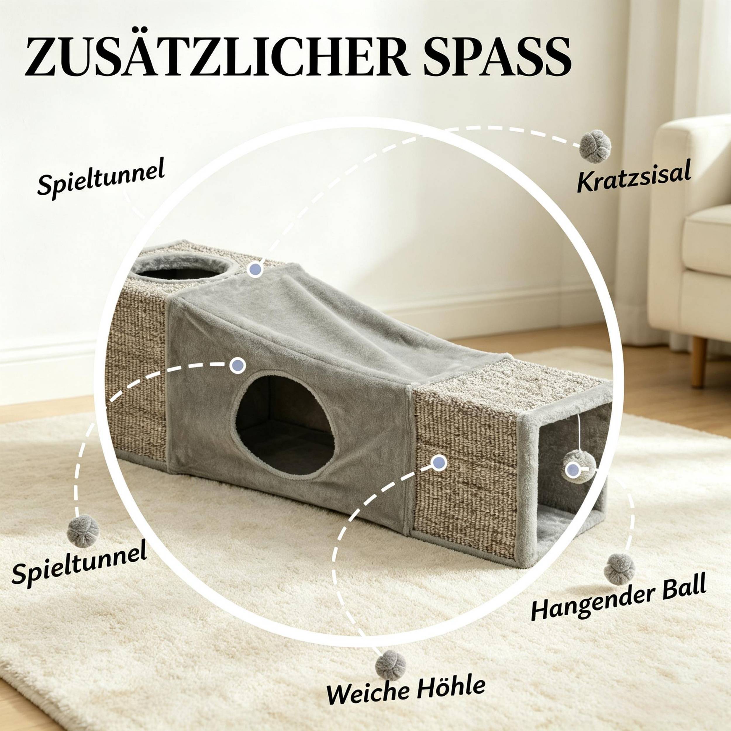 ComfortXL - Tunnel pour chat sisal et peluche 98 x 30 x 30 cm gris multi-entrées niches de repos et balle suspendue - Image 6