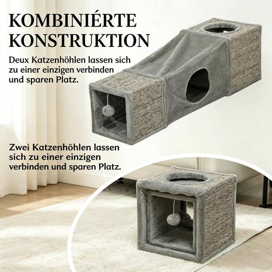 ComfortXL - Tunnel pour chat sisal et peluche 98 x 30 x 30 cm gris multi-entrées niches de repos et balle suspendue - Image 5