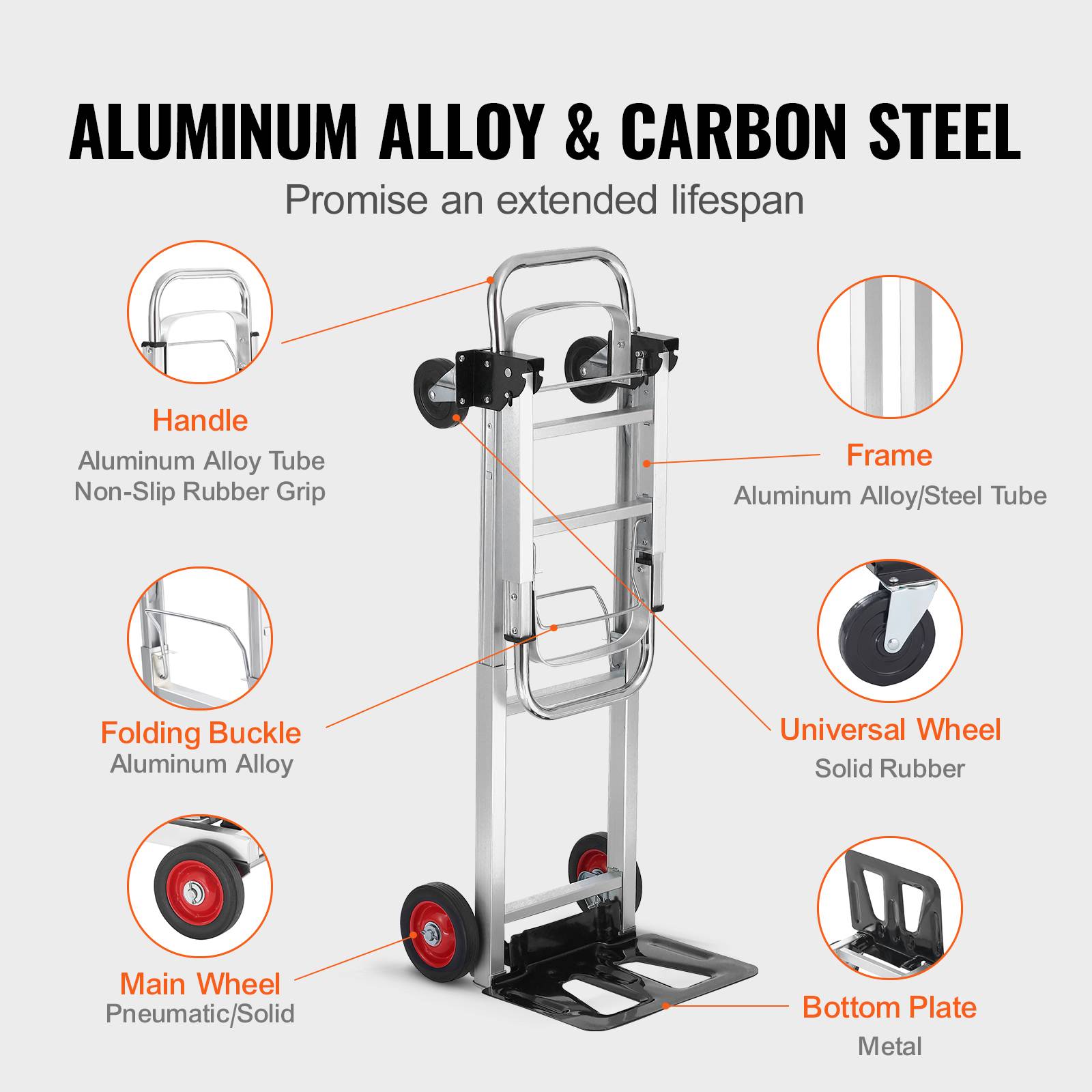 VEVOR Diable pliant aluminium 2-en-1, charge 181 kg, convertible chariot plate-forme, roues caoutchouc. - Image 4