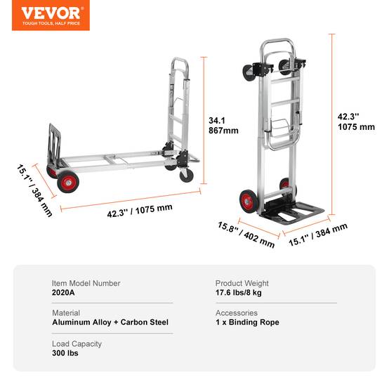 VEVOR Diable pliant aluminium 2-en-1, charge 181 kg, convertible chariot plate-forme, roues caoutchouc. - Image 7