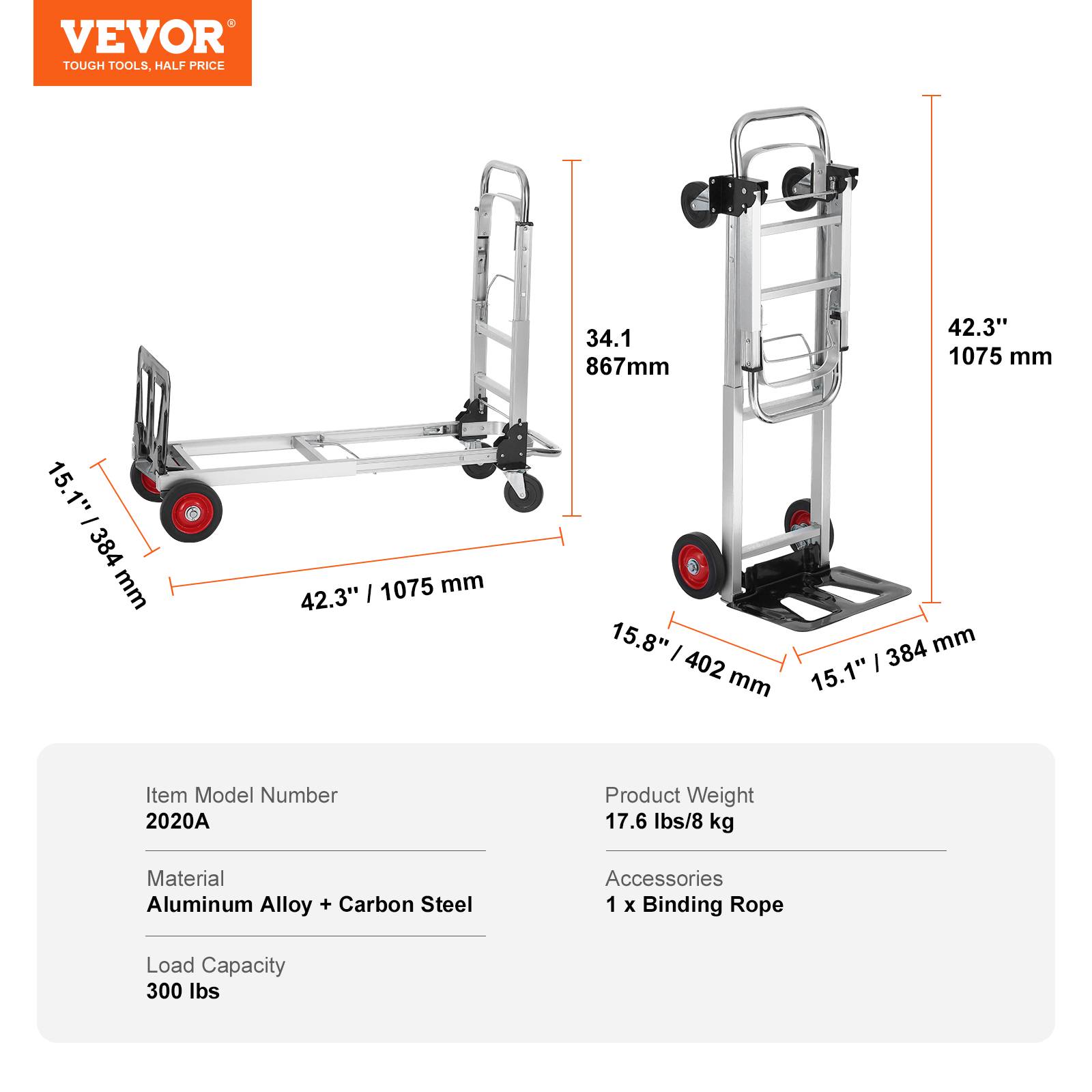 VEVOR Diable pliant aluminium 2-en-1, charge 181 kg, convertible chariot plate-forme, roues caoutchouc. - Image 7