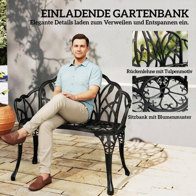ComfortXL - Banc de jardin 2 places fonte aluminium terrasse extérieur motif tulipe anti-rouille 99cm noir - ComfortXL Outdoor Living - Image 3