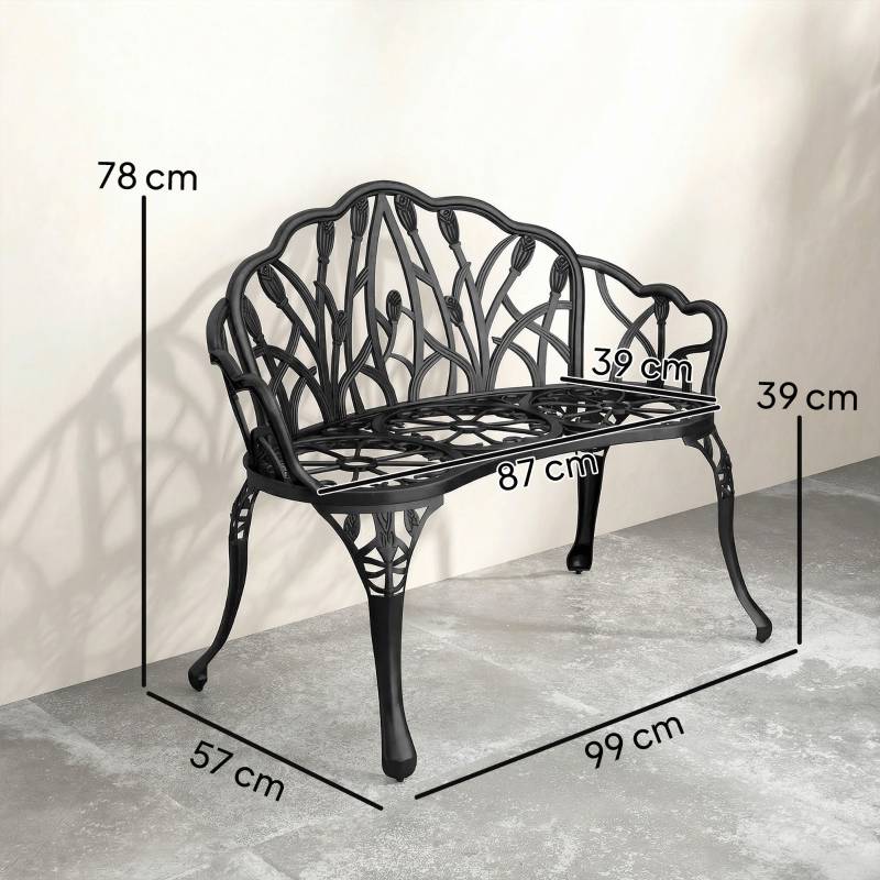 ComfortXL - Banc de jardin 2 places fonte aluminium terrasse extérieur motif tulipe anti-rouille 99cm noir - ComfortXL Outdoor Living - Image 2