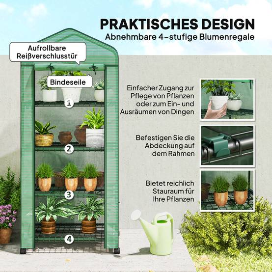 Mini serre de balcon acier plastique verte 4 étagères porte zippée 69x50x165cm - ComfortXL Outdoor Living - Image 8