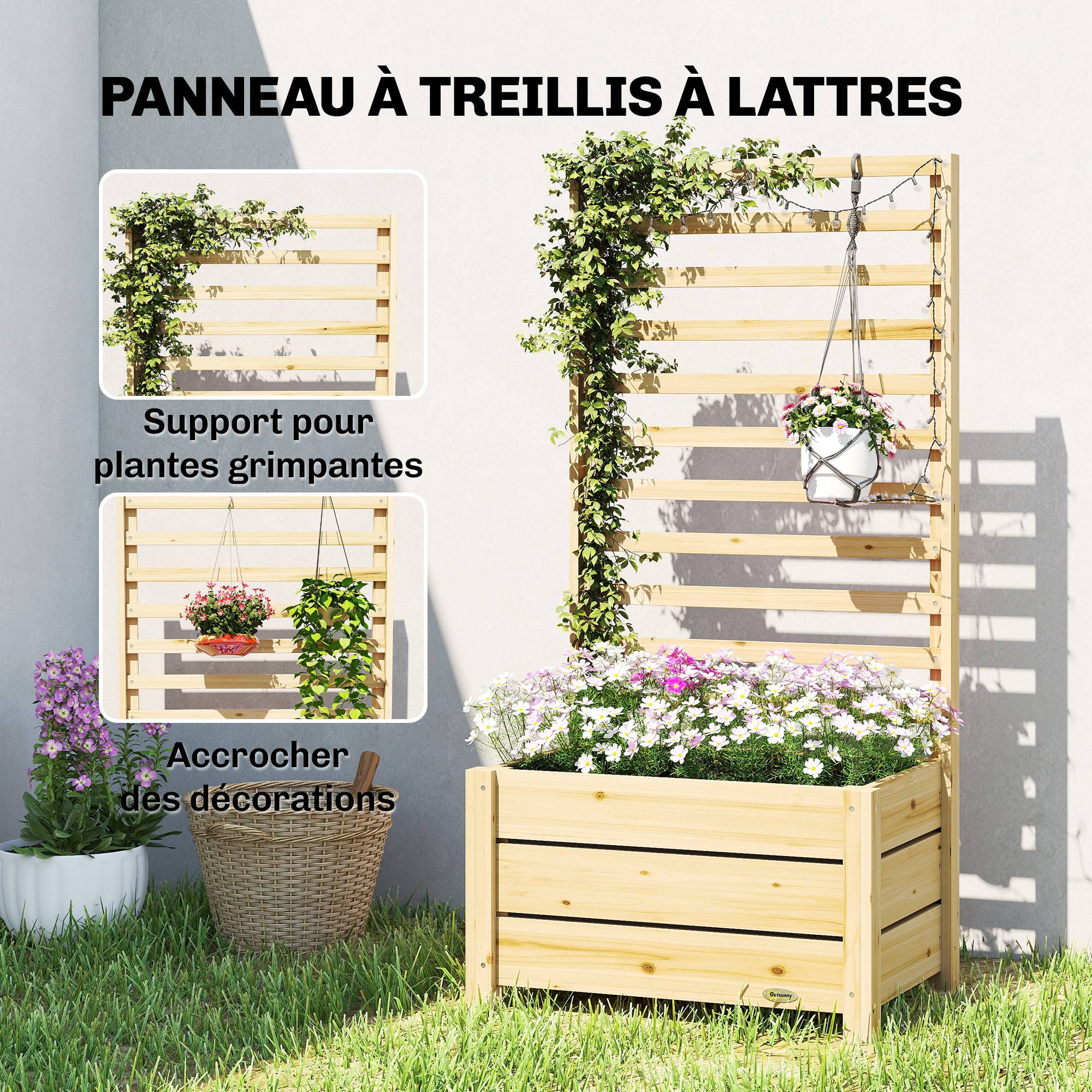 Sans Marque - Jardinière avec treillis, bac à fleurs avec brise-vue, trou de drainage et doublure intérieure, 60 x 39 x 120 cm, bois naturel - Image 6