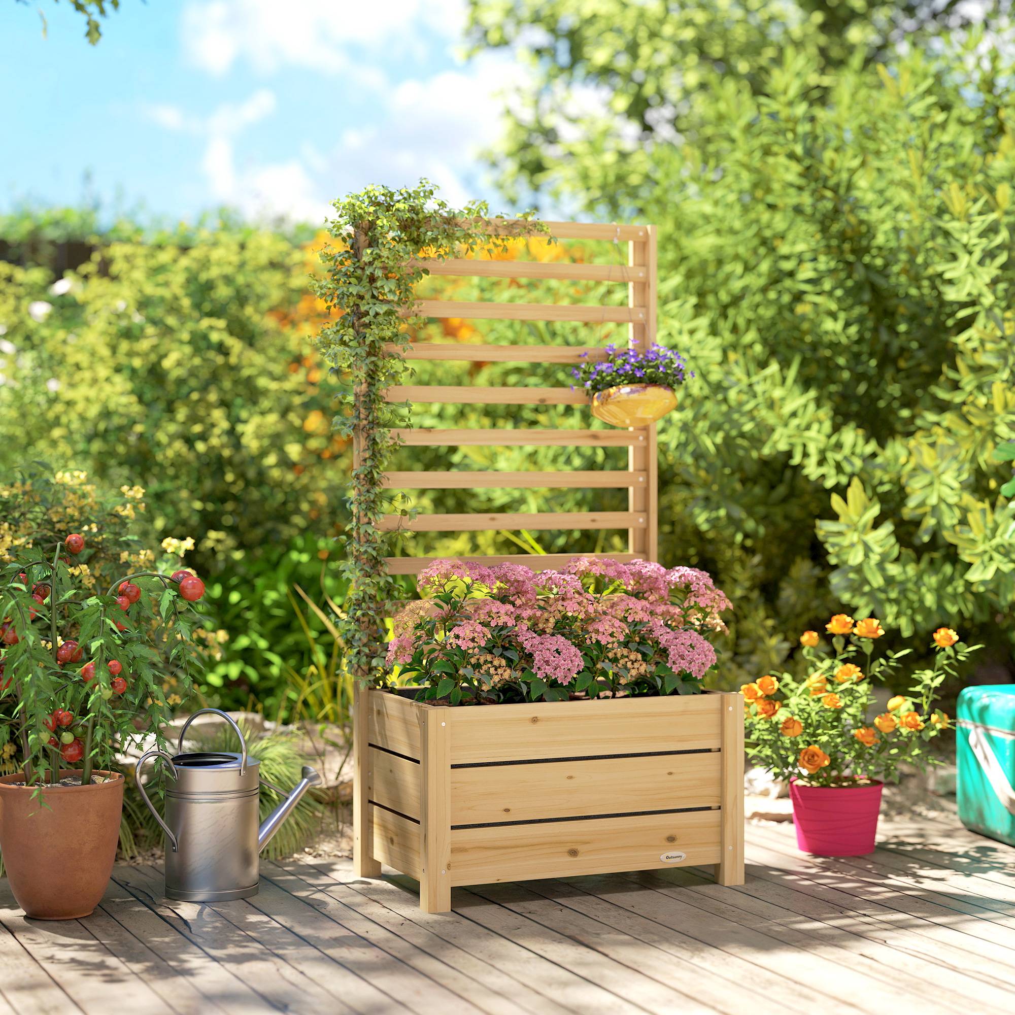 Sans Marque - Jardinière avec treillis, bac à fleurs avec brise-vue, trou de drainage et doublure intérieure, 60 x 39 x 120 cm, bois naturel - Image 4