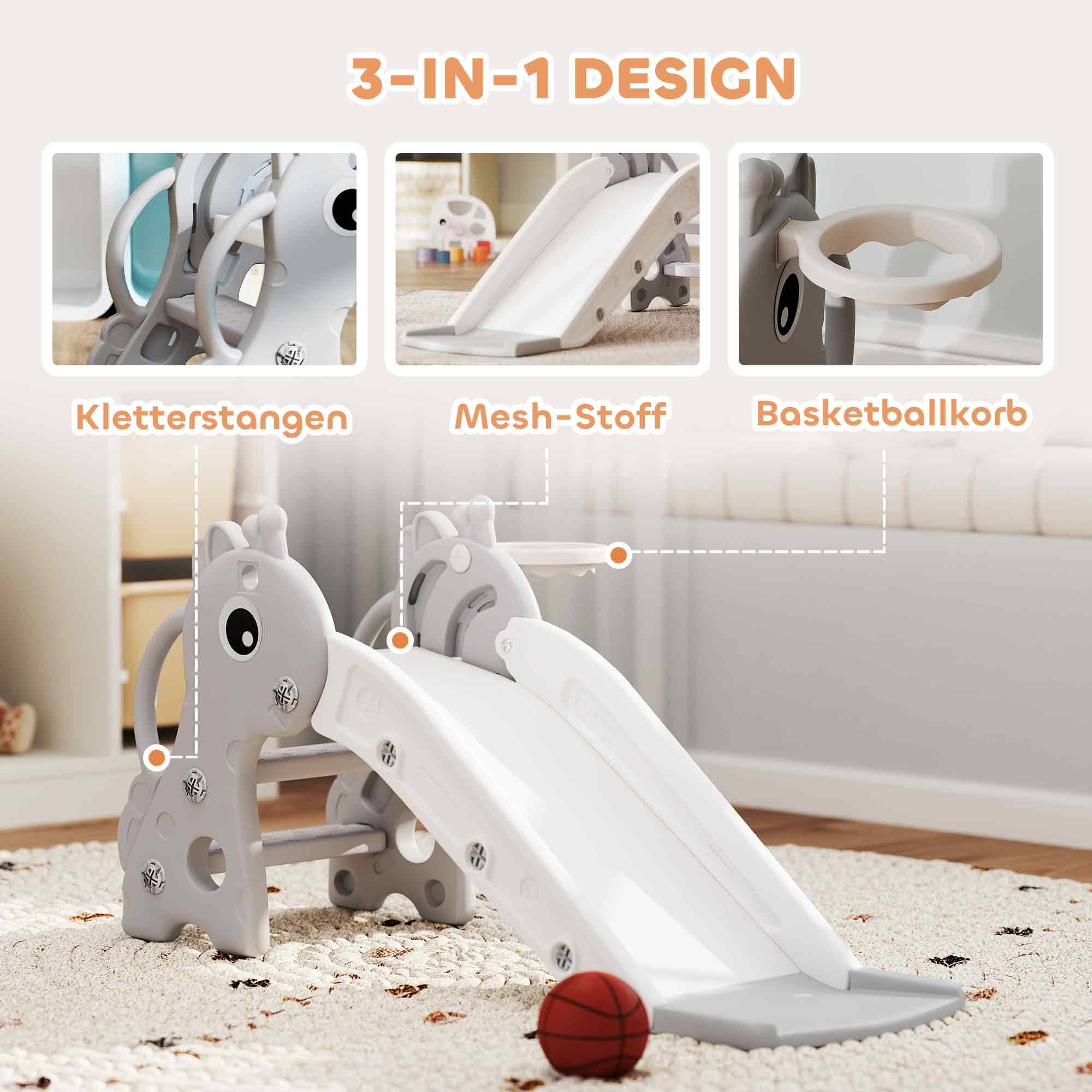 Toboggan 3 en 1 pour enfants, en forme de girafe, avec panier de basket et ballon, gris - Image 6